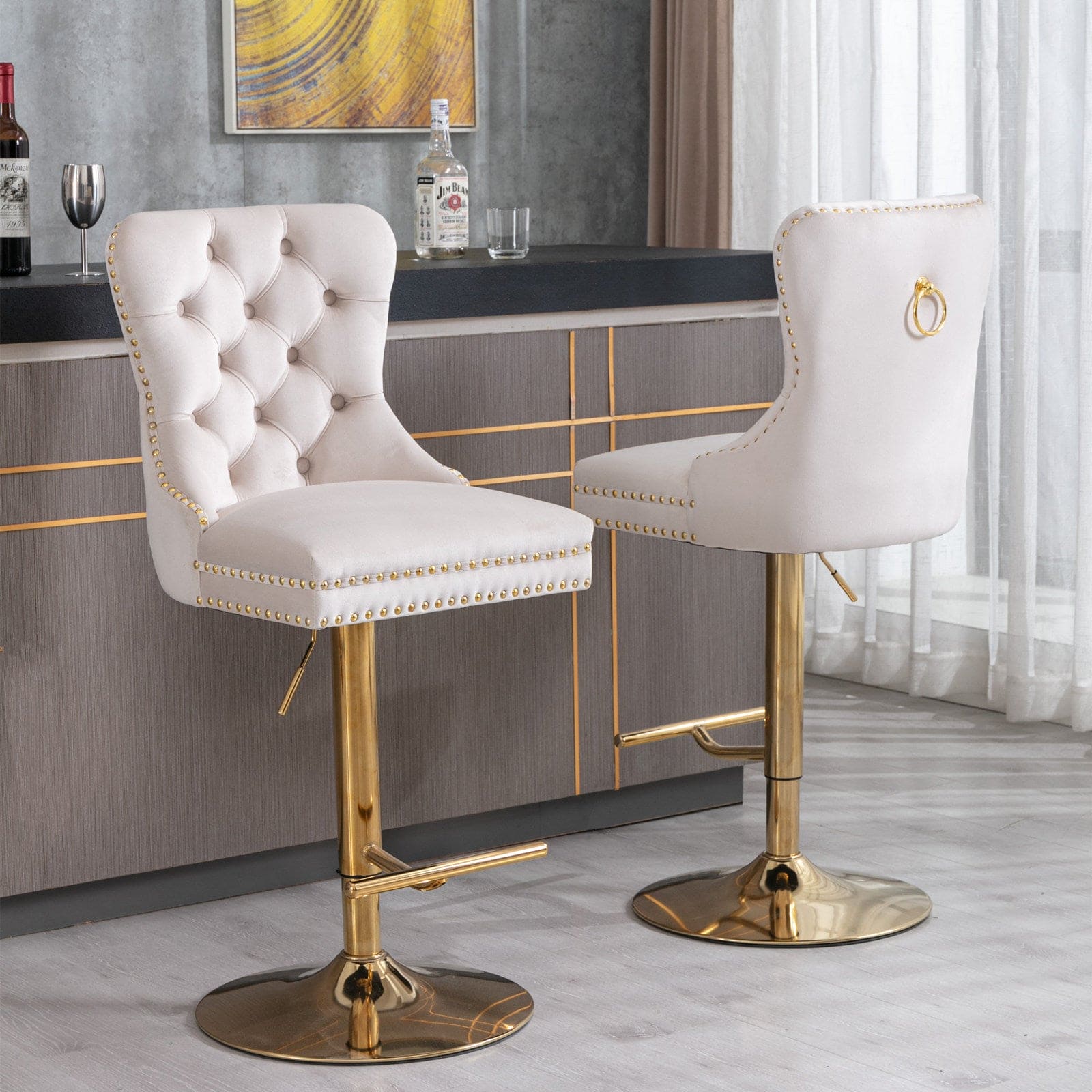 A&A Furniture,Thick Golden Swivel Velvet Barstools Adjusatble Seat Height from 27-35 Inch, Modern Upholstered Bar Stools with Backs Comfortable Tufted for Home Pub and Kitchen Island (Beige,Set of 2)