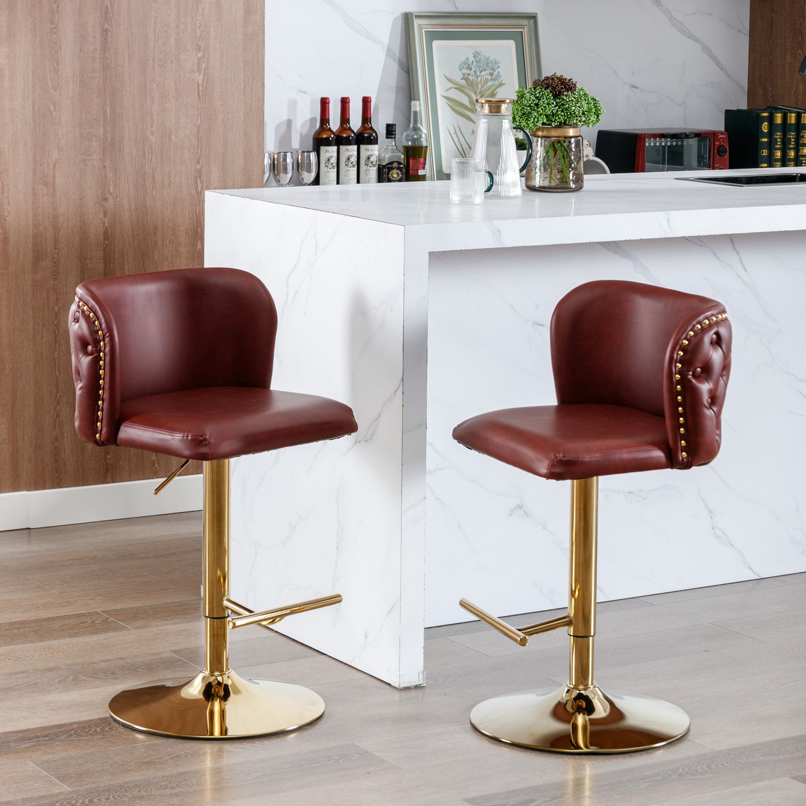 A&A Furniture,Swivel Barstools Adjusatble Seat Height, Modern PU Upholstered Bar Stools with  the whole Back Tufted, for Home Pub and Kitchen Island（Wine Red, Burgundy, Set of 2）