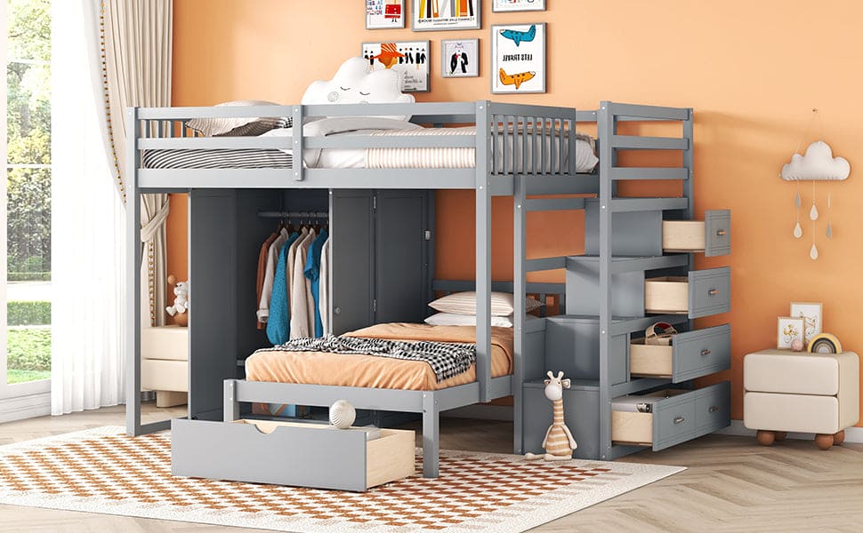 Full Over Twin Bunk Bed with Wardrobe, Drawers, Gray