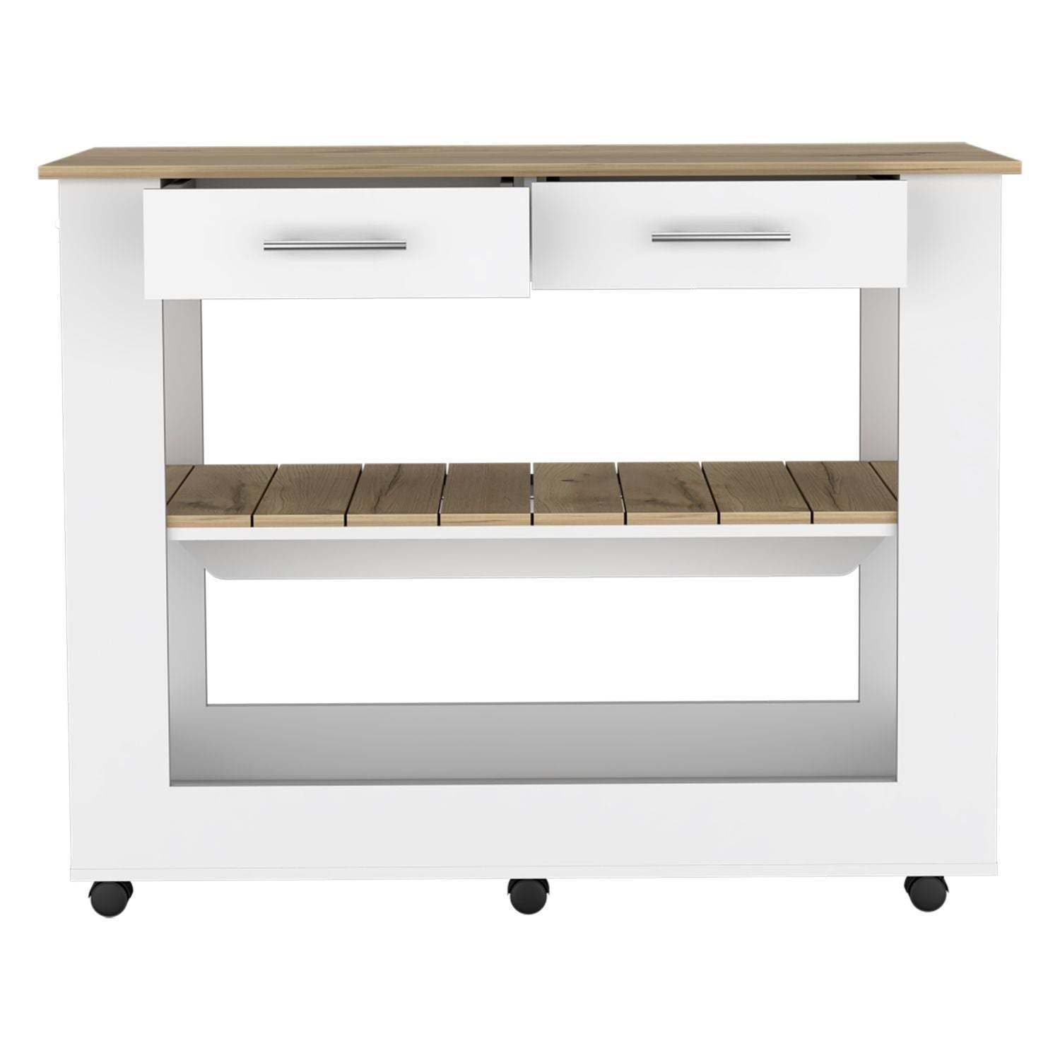 DEPOT E-SHOP Delos 46 Kitchen Island White, Six Casters, Two Drawers, Lower Open Shelf, White / Light Oak