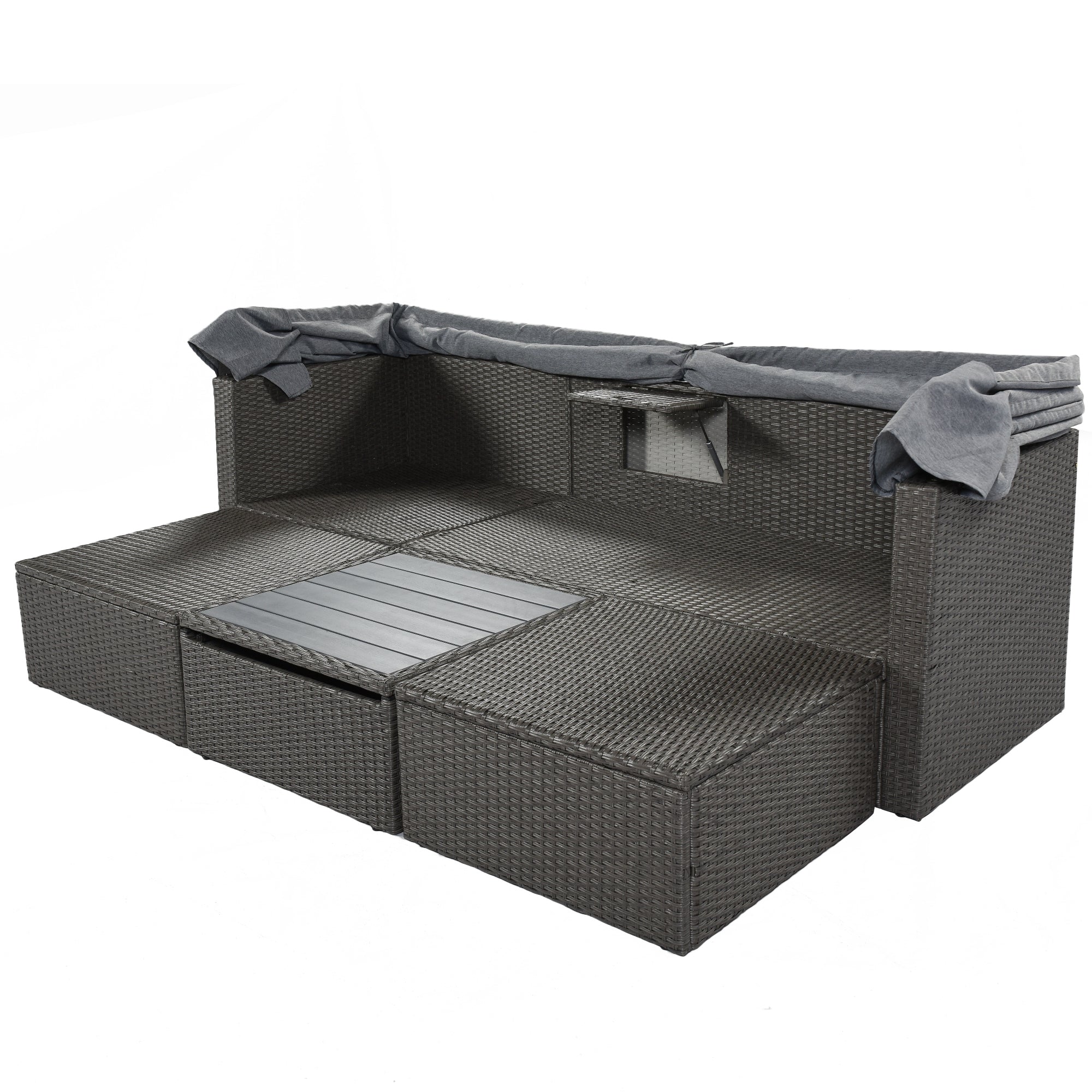 U_Style Outdoor Patio Rectangle Daybed with Retractable Canopy,  Wicker Furniture Sectional Seating with Washable Cushions, Backyard, Porch(As same as WY000263AAE)