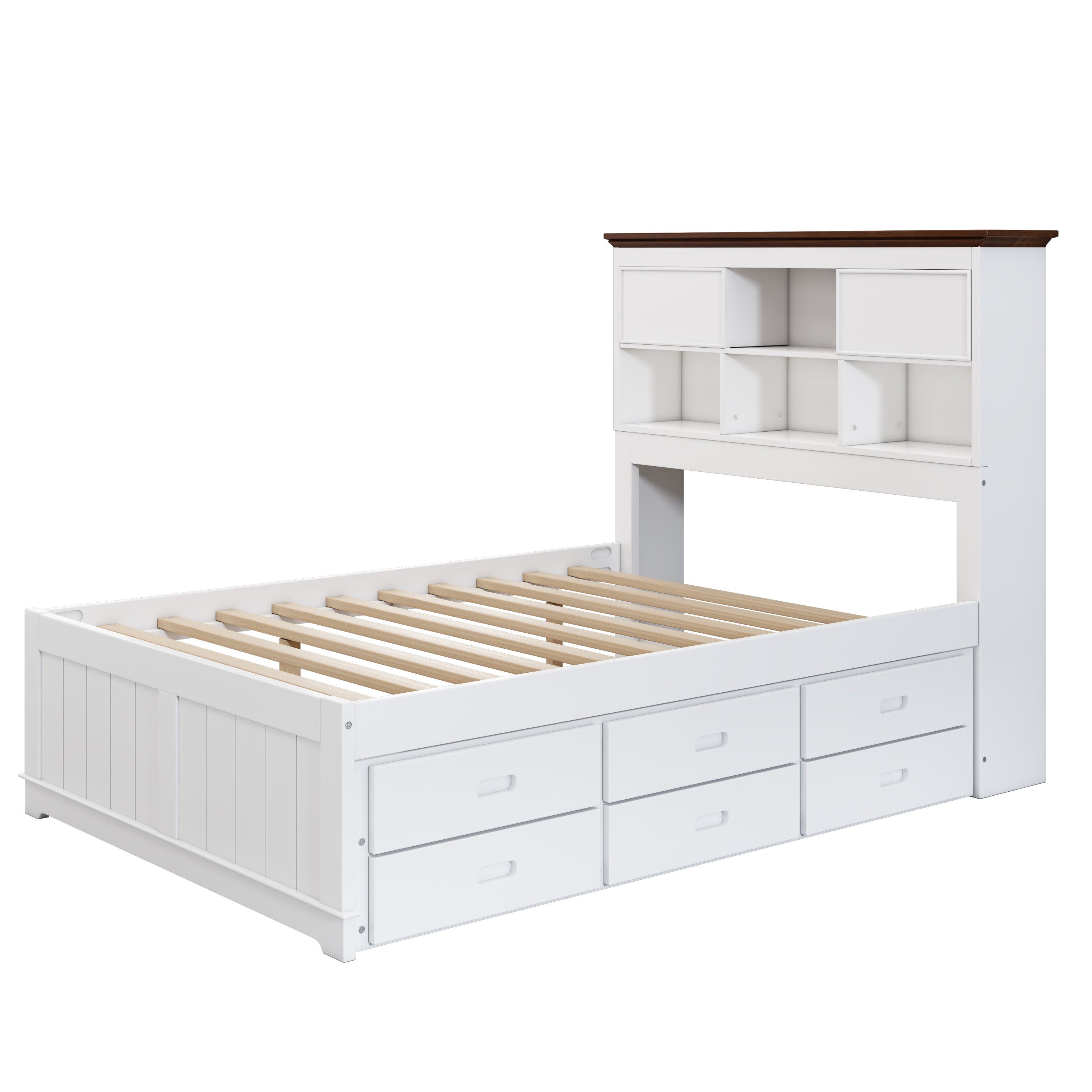 2 Pieces Wooden Captain Bedroom Set Full Bed with Trundle and Nightstand,White+Walnut