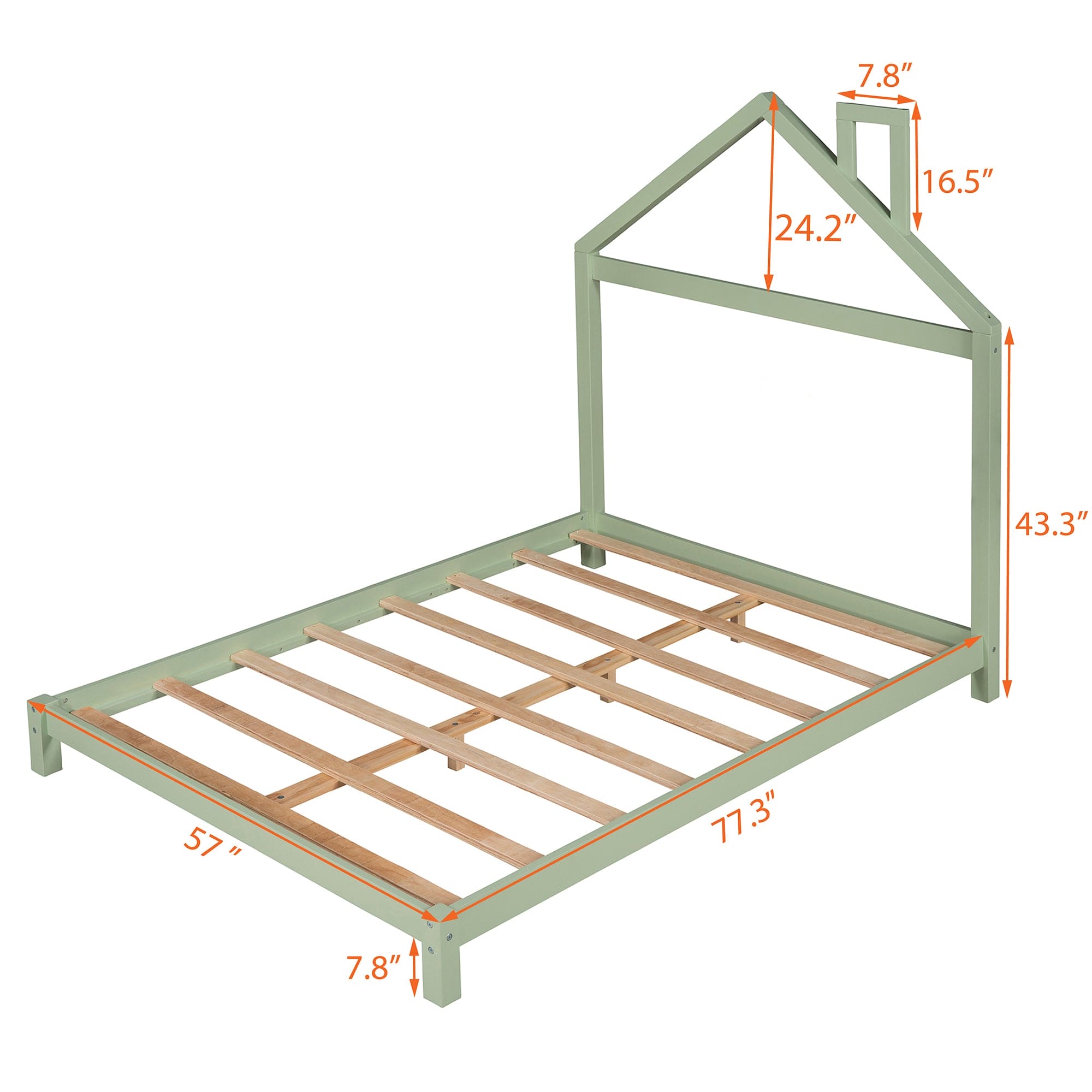 Full Size Wood Platform Bed with House-shaped Headboard  (Green)