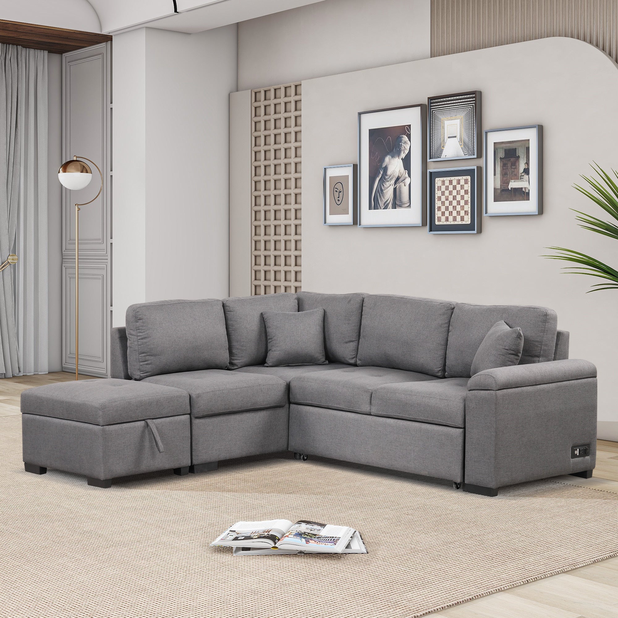 Sleeper Sectional Sofa, L-Shape Corner Couch Sofa-Bed with Storage Ottoman & Hidden Arm Storage & USB Charge  for Living Room Apartment, Dark Gray