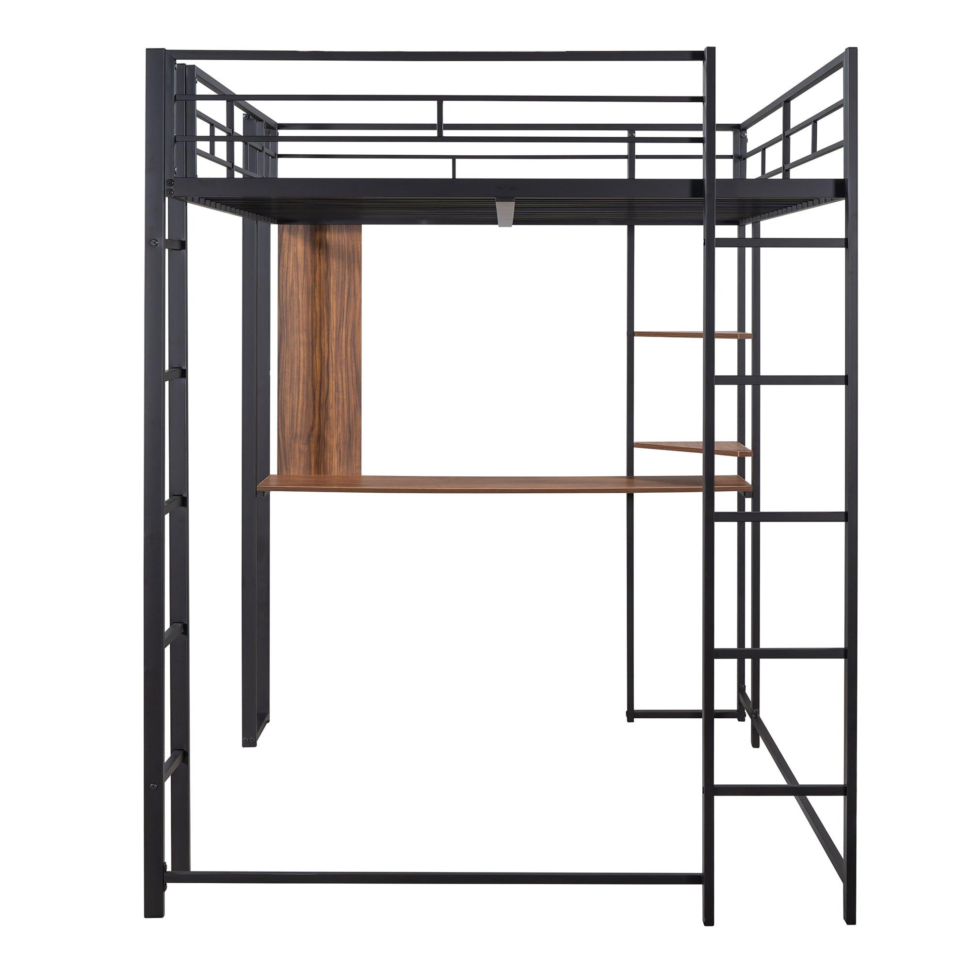 Full Size Metal Loft Bed with 2 Shelves and one Desk ,Black (Old SKU: LP000191AAB )