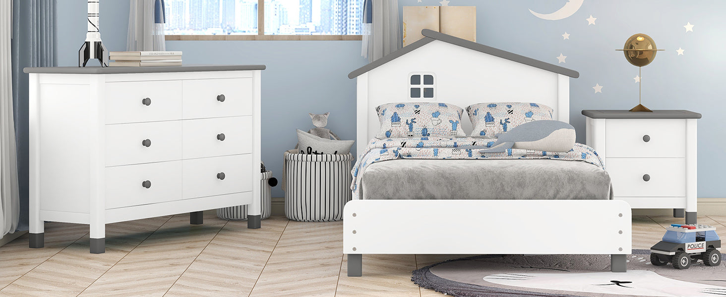 3-Pieces Bedroom Sets Twin Size Platform Bed with Nightstand and Storage dresser,White+Gray