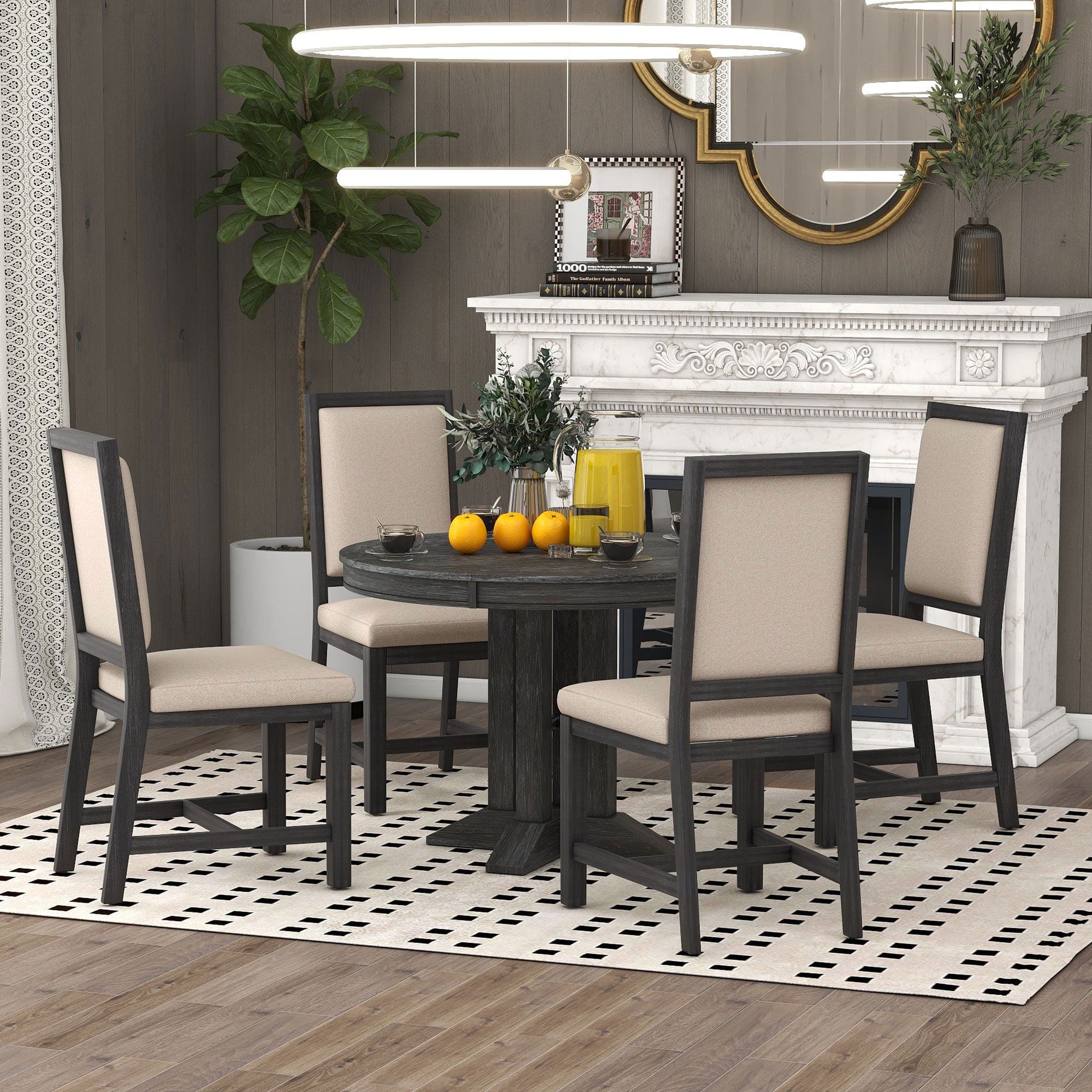 TREXM 5-Piece Dining Set Extendable Round Table and 4 Upholstered Chairs Farmhouse Dining Set for Kitchen, Dining Room(Black)