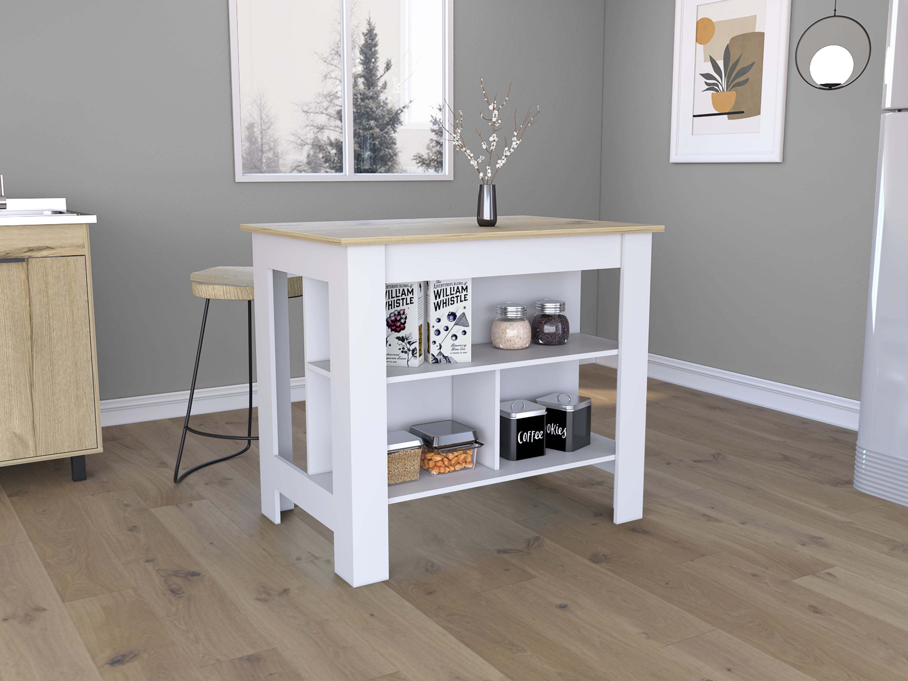 DEPOT E-SHOP Antibacterial Delos Kitchen Island , White / Light Oak