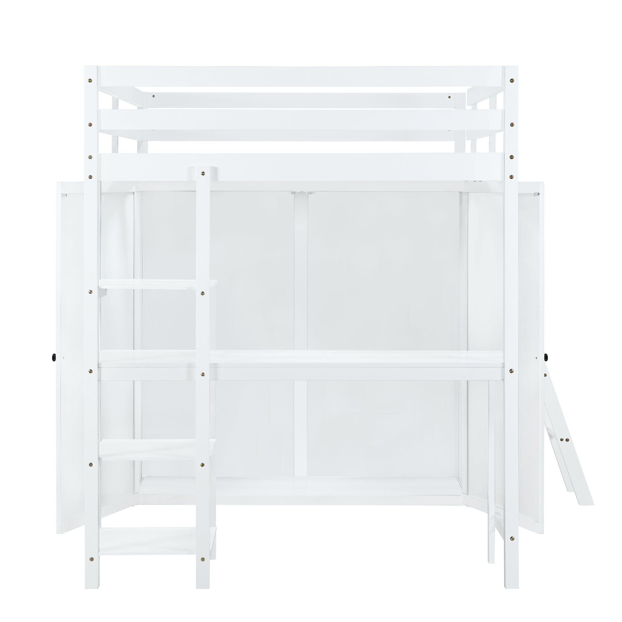 Full Size Loft Bed with Wardrobe and Desk and Shelves, White