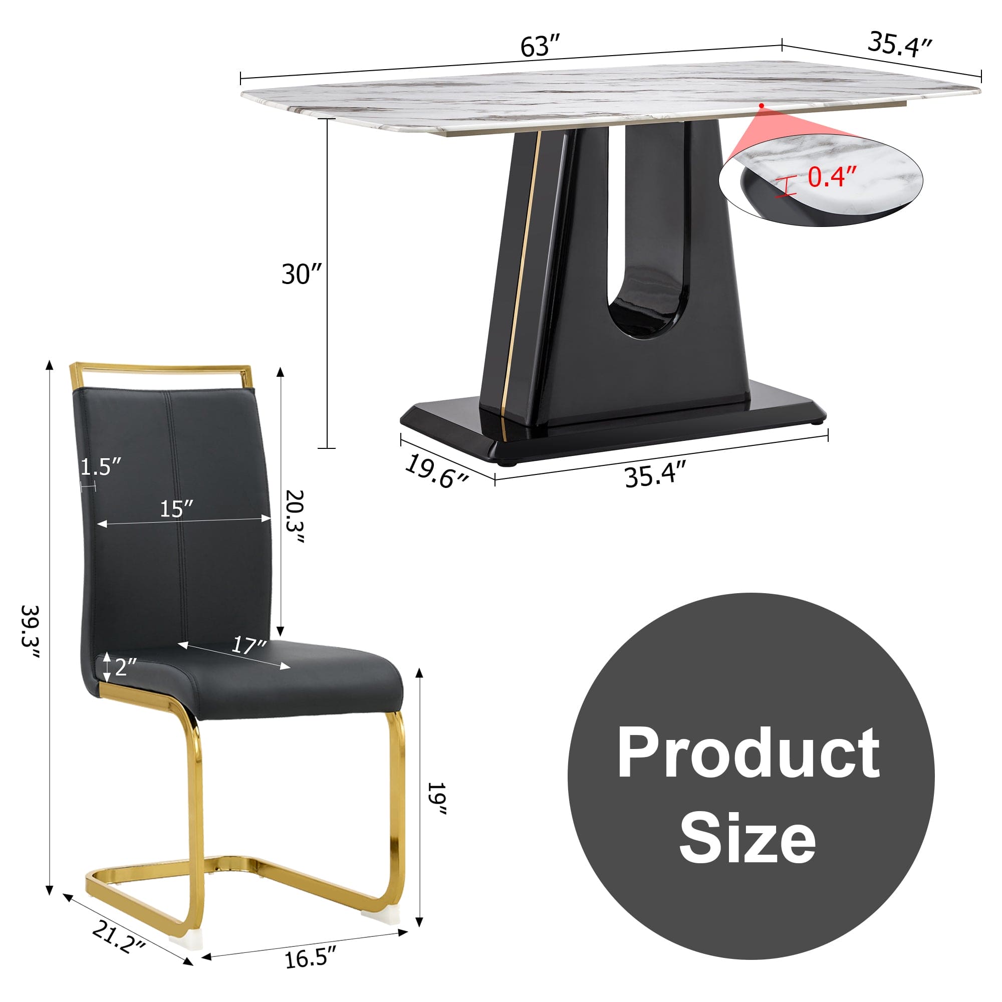 1 table and 6 chairs. Modern, simple and luxurious white imitation marble rectangular dining table and desk with 6 black PU gold plated leg chairs 63'' x 35.4'' X 30''