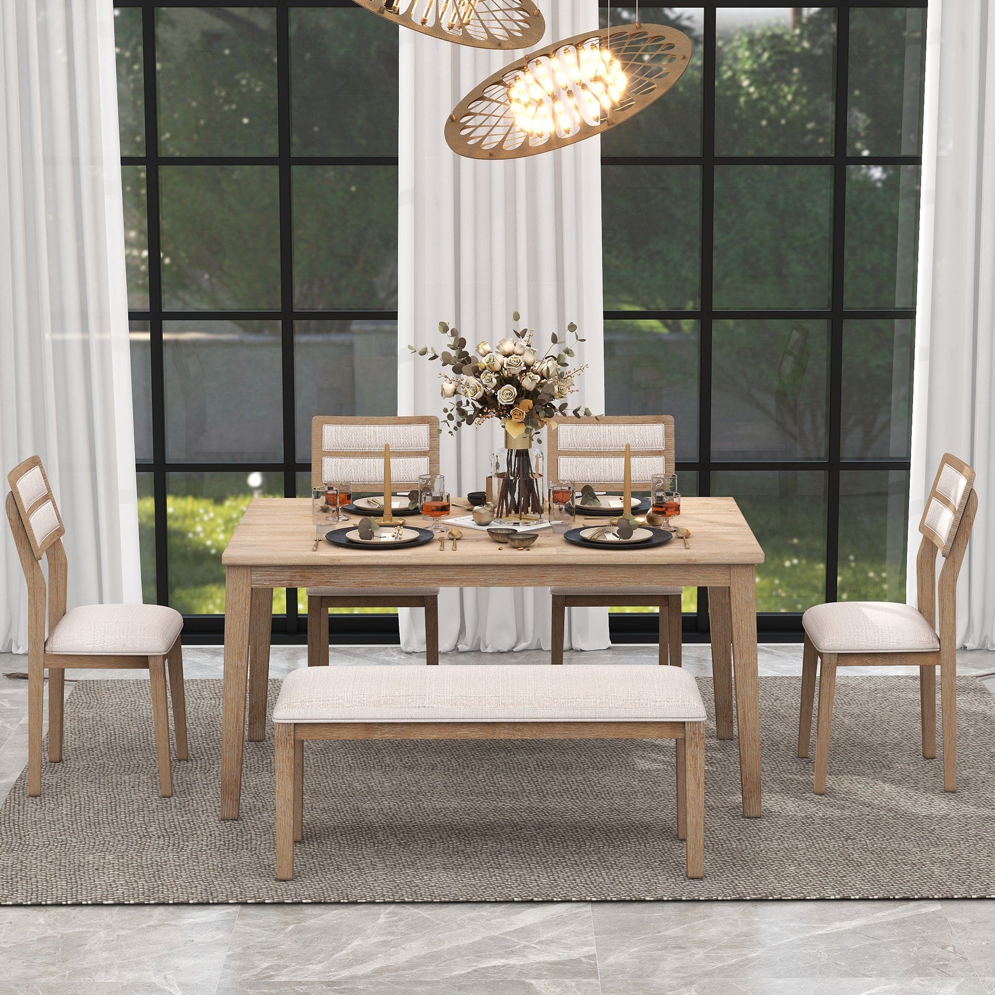 TREXM Classic and Traditional Style 6 - Piece Dining Set, Includes Dining Table, 4 Upholstered Chairs & Bench (Natural Wood Wash)