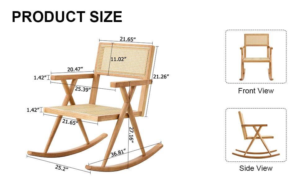 Solid wood+imitation rattan rocking chair allows you to relax quietly indoors and outdoors, enhancing your sense of relaxation, suitable for balconies, gardens, and camping sites