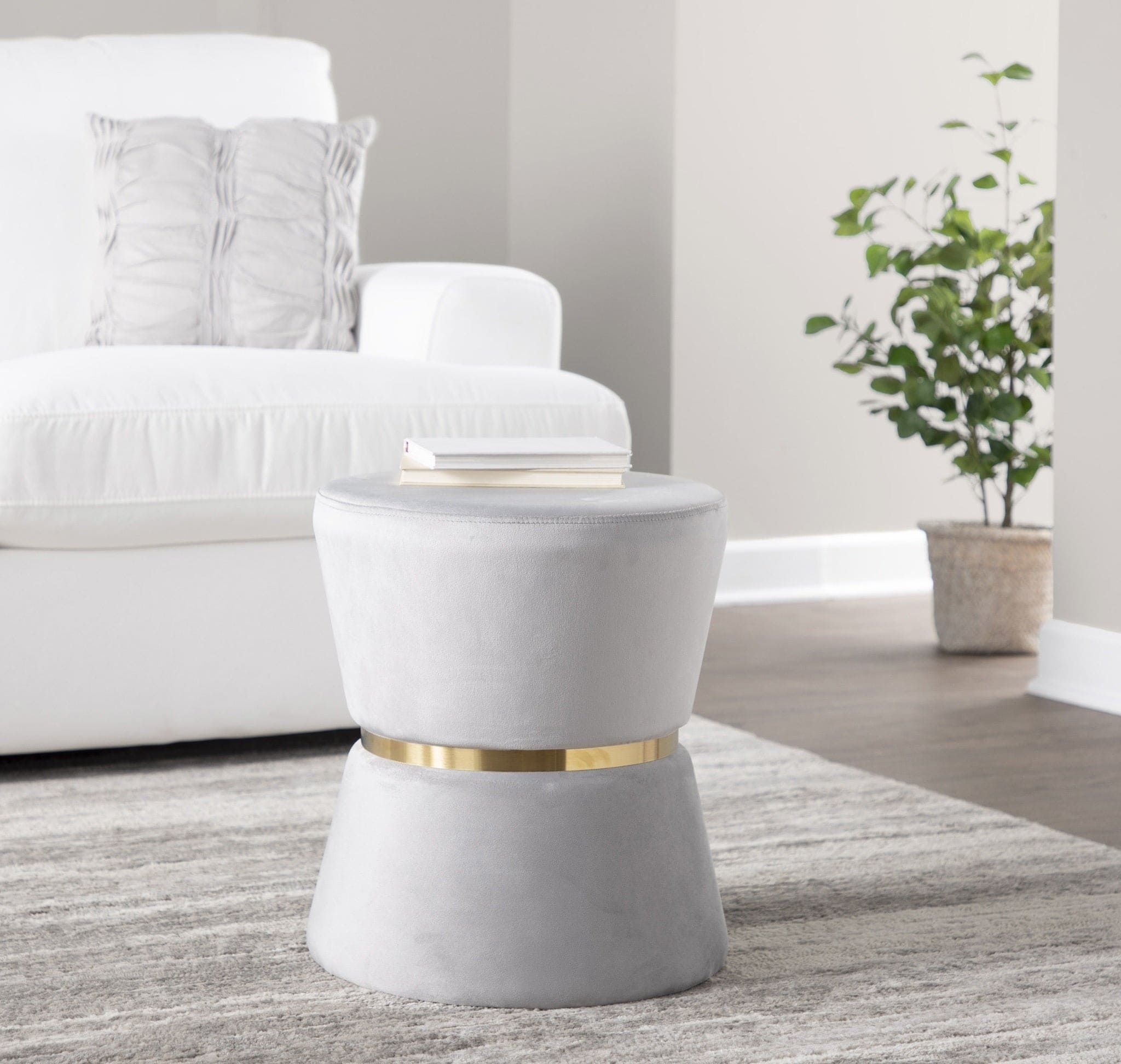 Gemma Contemporary/Glam Ottoman in Silver Velvet and Gold Metal by LumiSource