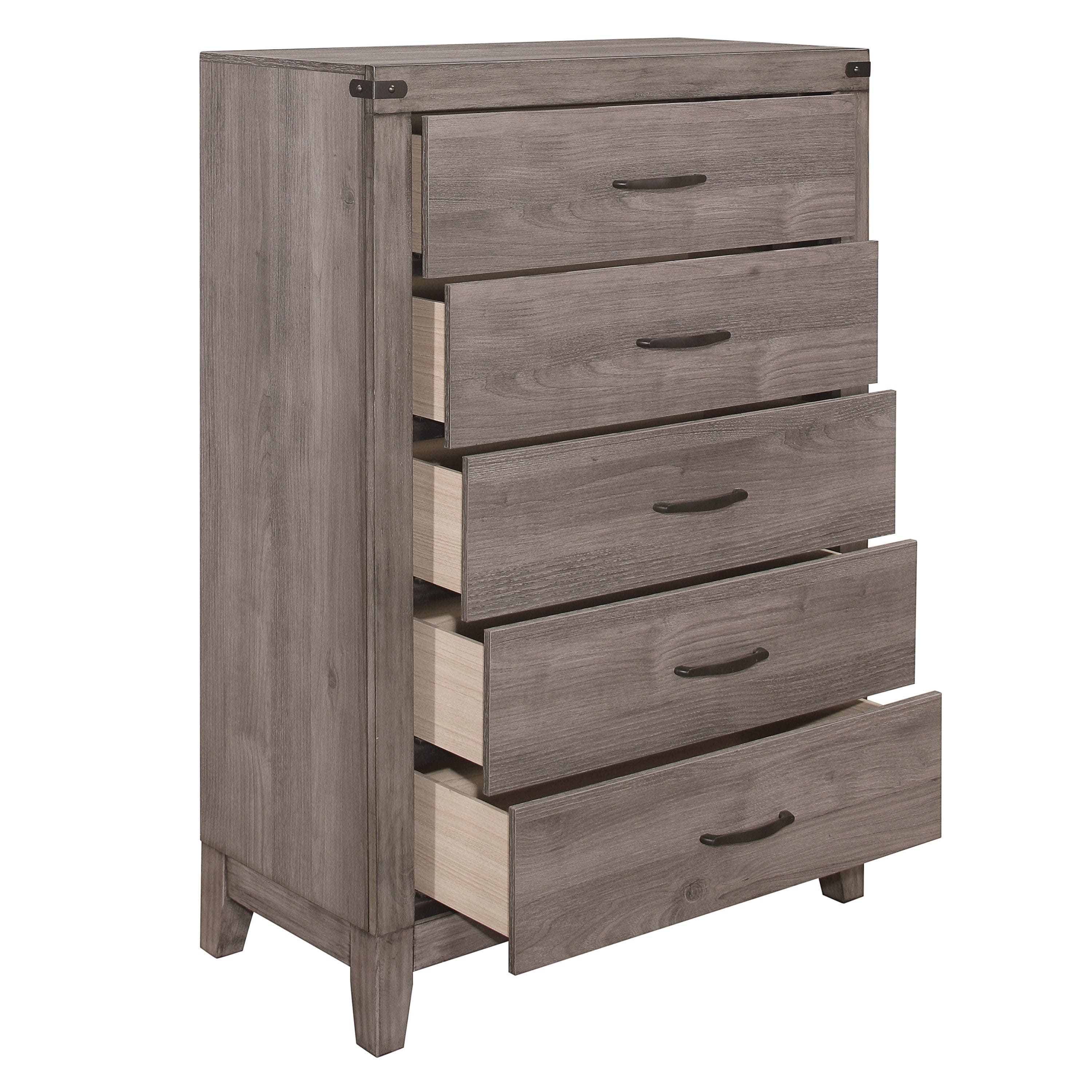 Brownish Gray Finish 1pc Bedroom Chest of 5 Drawers Melamine Laminate Dark Metal Hardware Corner Rivets