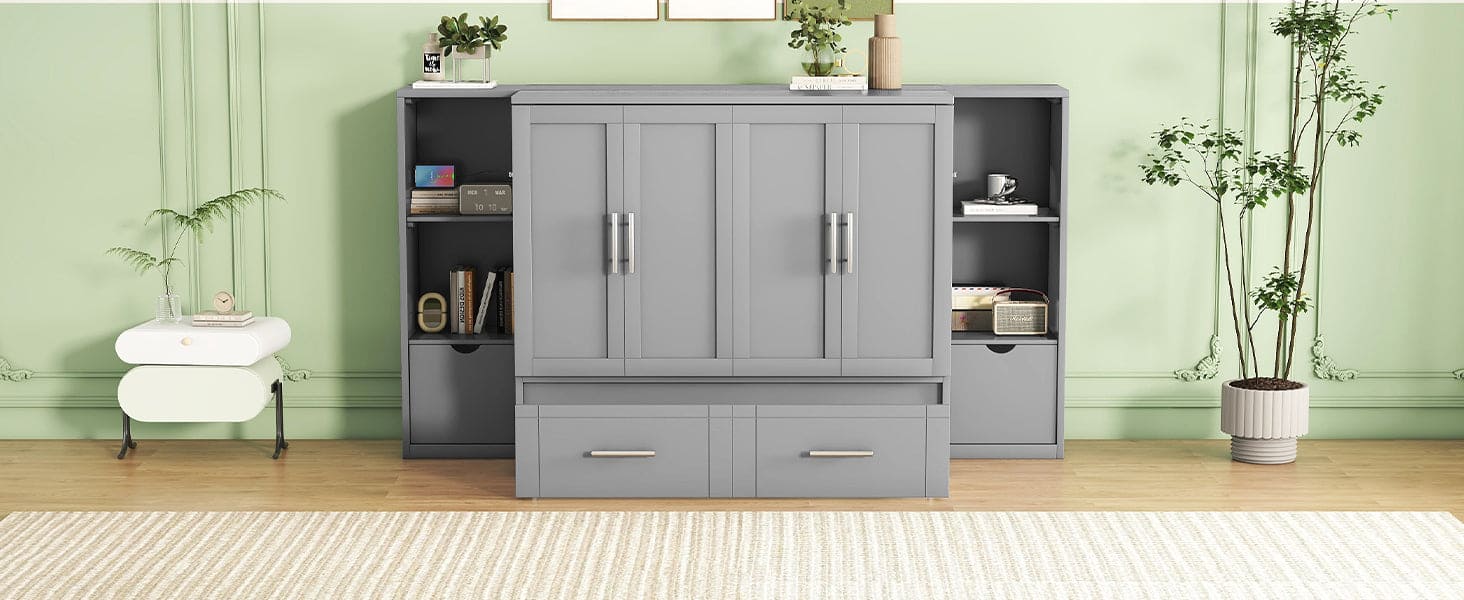 Queen Size Murphy Bed with Shelves, Drawers and USB Ports,Gray