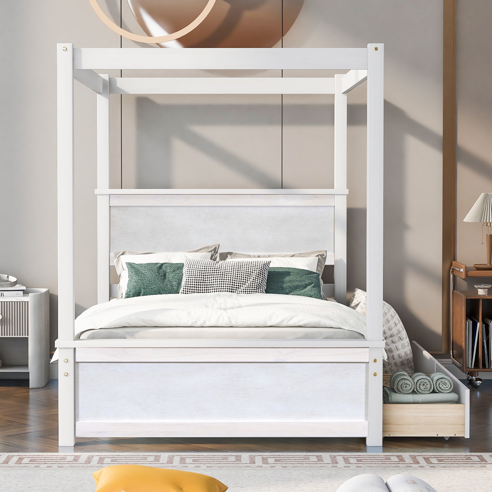 Wood Canopy Bed with two Drawers, Full Size Canopy Platform bed With Support Slats .No Box Spring Needed, Brushed White