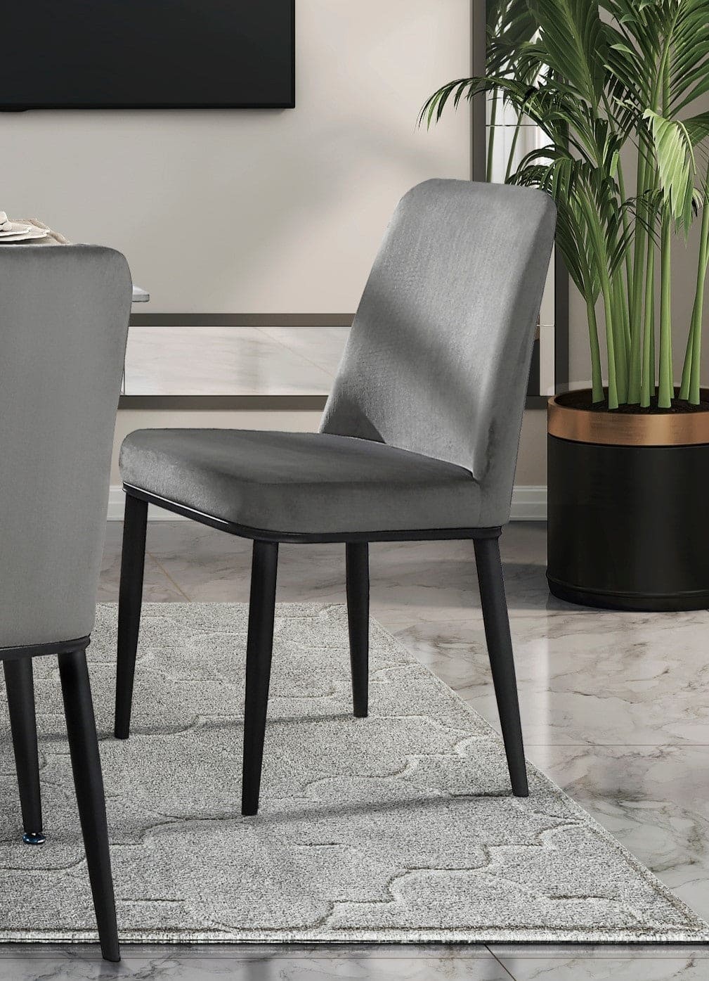 Sleek Design Gray Velvet Side Chairs Set of 2 Modern Dining Furniture Black Metal Legs