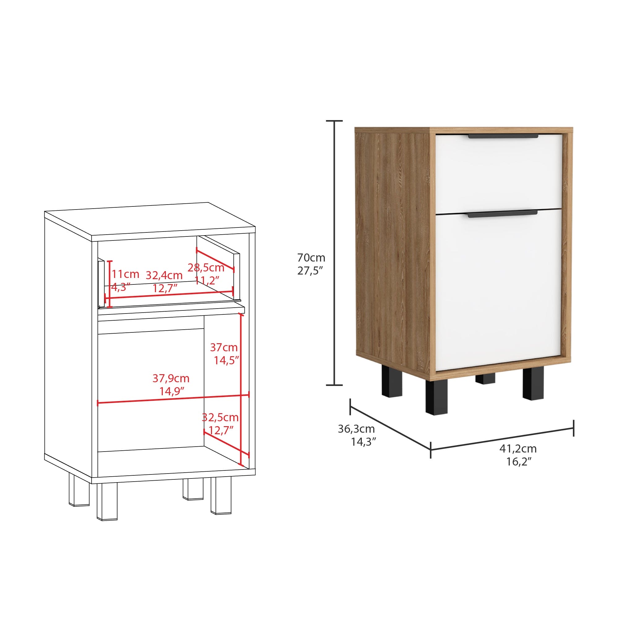 Kaia Z Nightstand, One Drawer, One Cabinet,  Four Legs, Superior Top -Pine / White