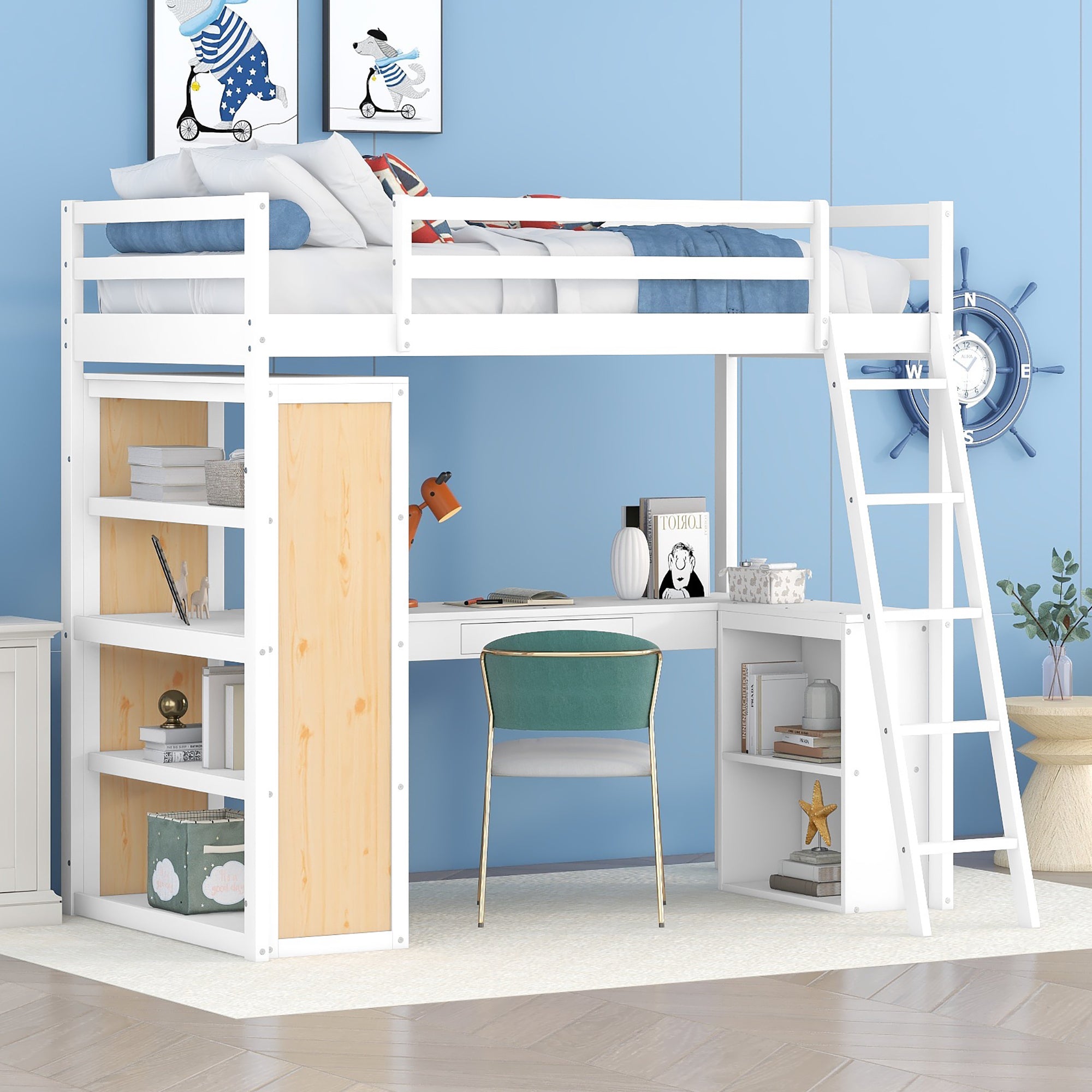 Twin Size Loft Bed with Ladder, Shelves, and Desk, White(OLD SKU:LT100225AAK)