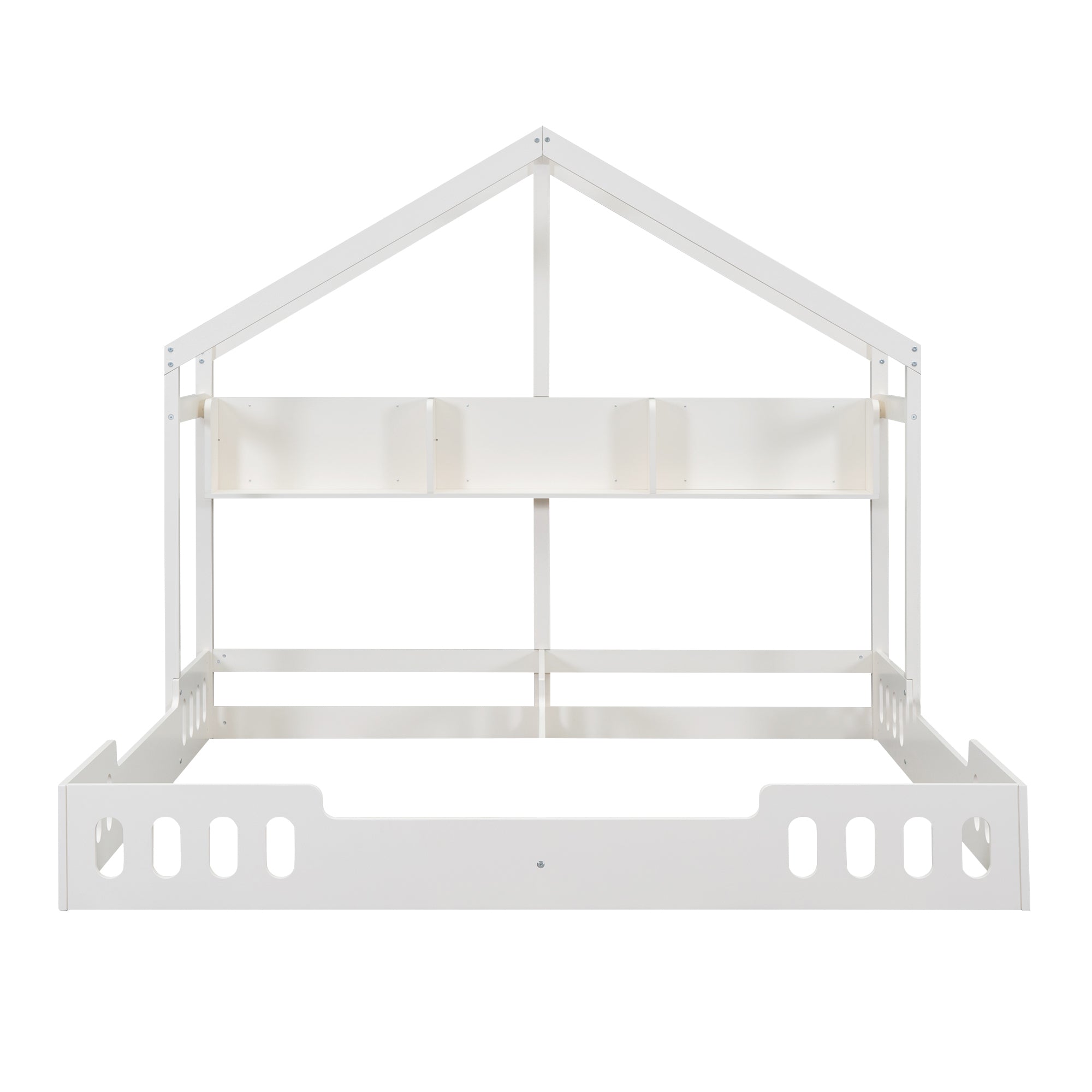 Wood Twin Size House Platform Beds,Two Shared Beds with Shelves and Guardrail, Creamy White