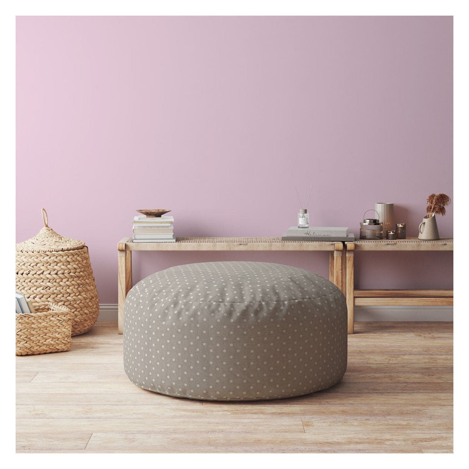 Indoor DINER DOT Light Grey Round Zipper Pouf - Stuffed - Extra Beads Included! - 24in dia x 20in tall