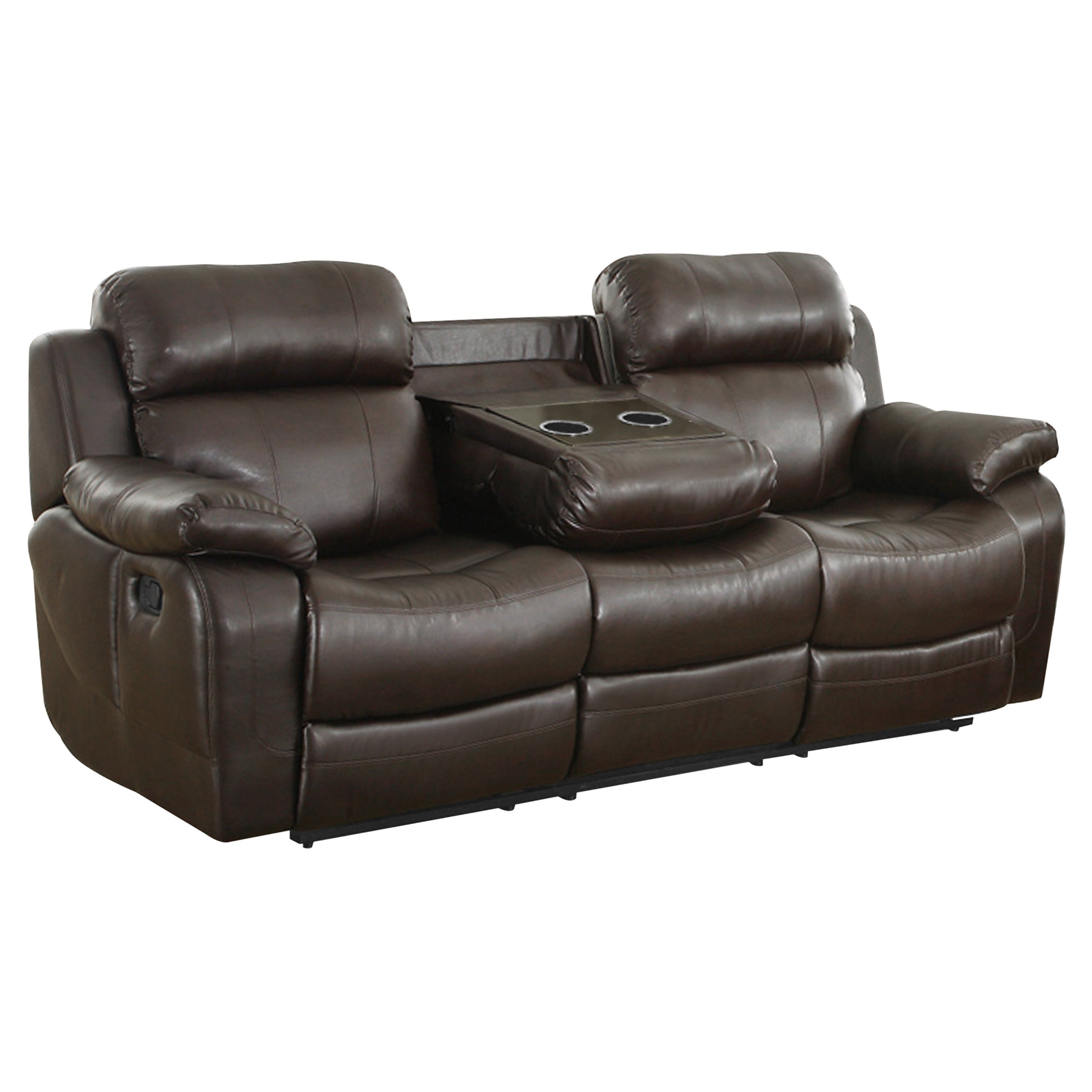 Contemporary Brown Faux Leather Upholstered 1pc Double Reclining Sofa w/ Center Drop-Down Cup Holder Living Room Furniture