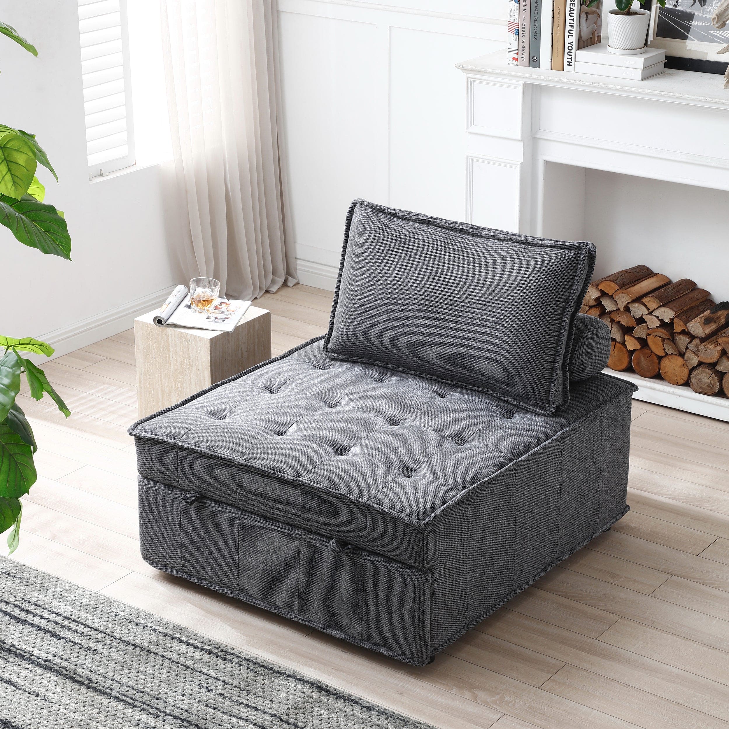 Multipurpose Linen Fabric Ottoman Lazy Sofa Pulling Out Sofa Bed (Dark Grey)