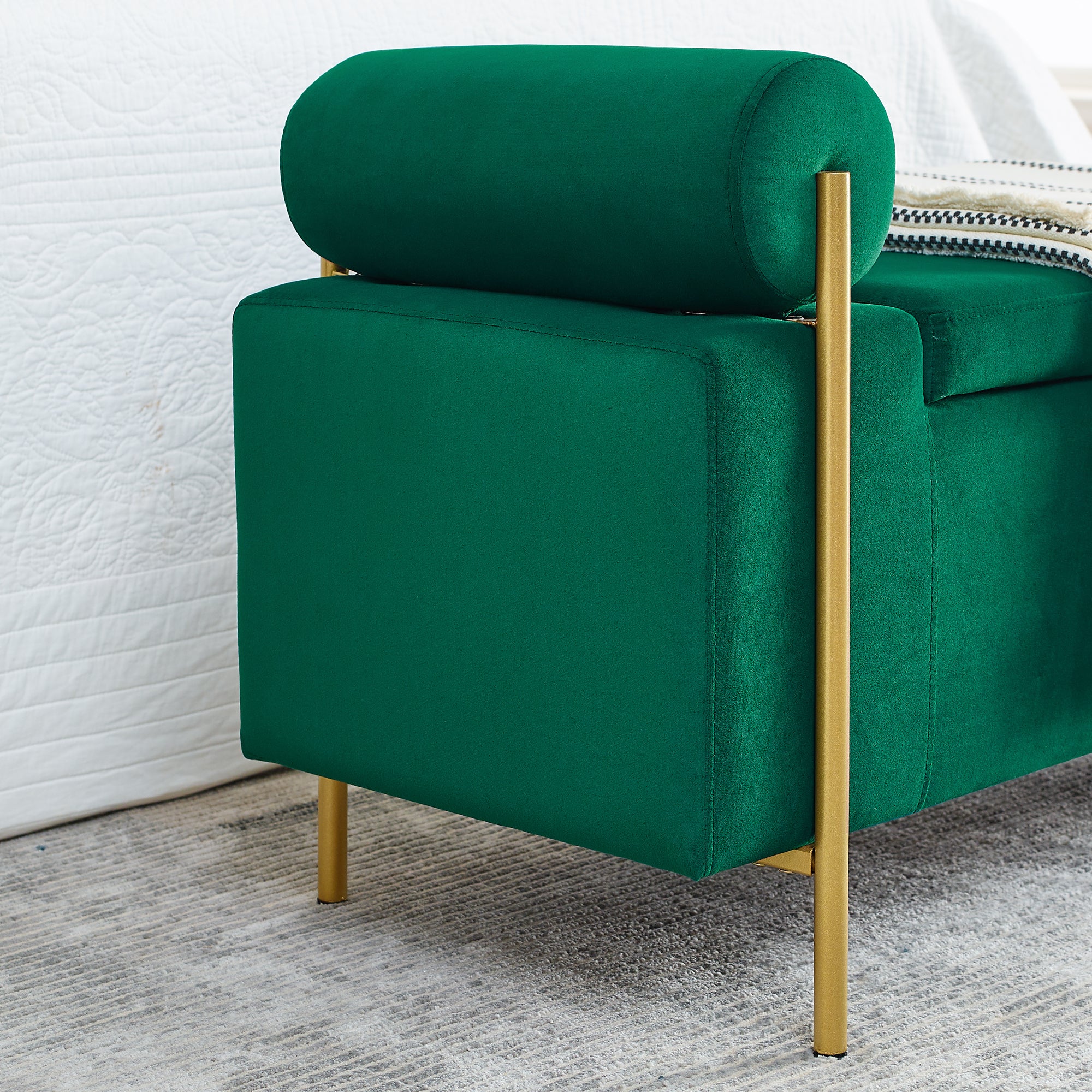 Elegant Upholstered Velvet Storage Bench with Cylindrical Arms and Iron Legs for Hallway Living Room Bedroom, Green