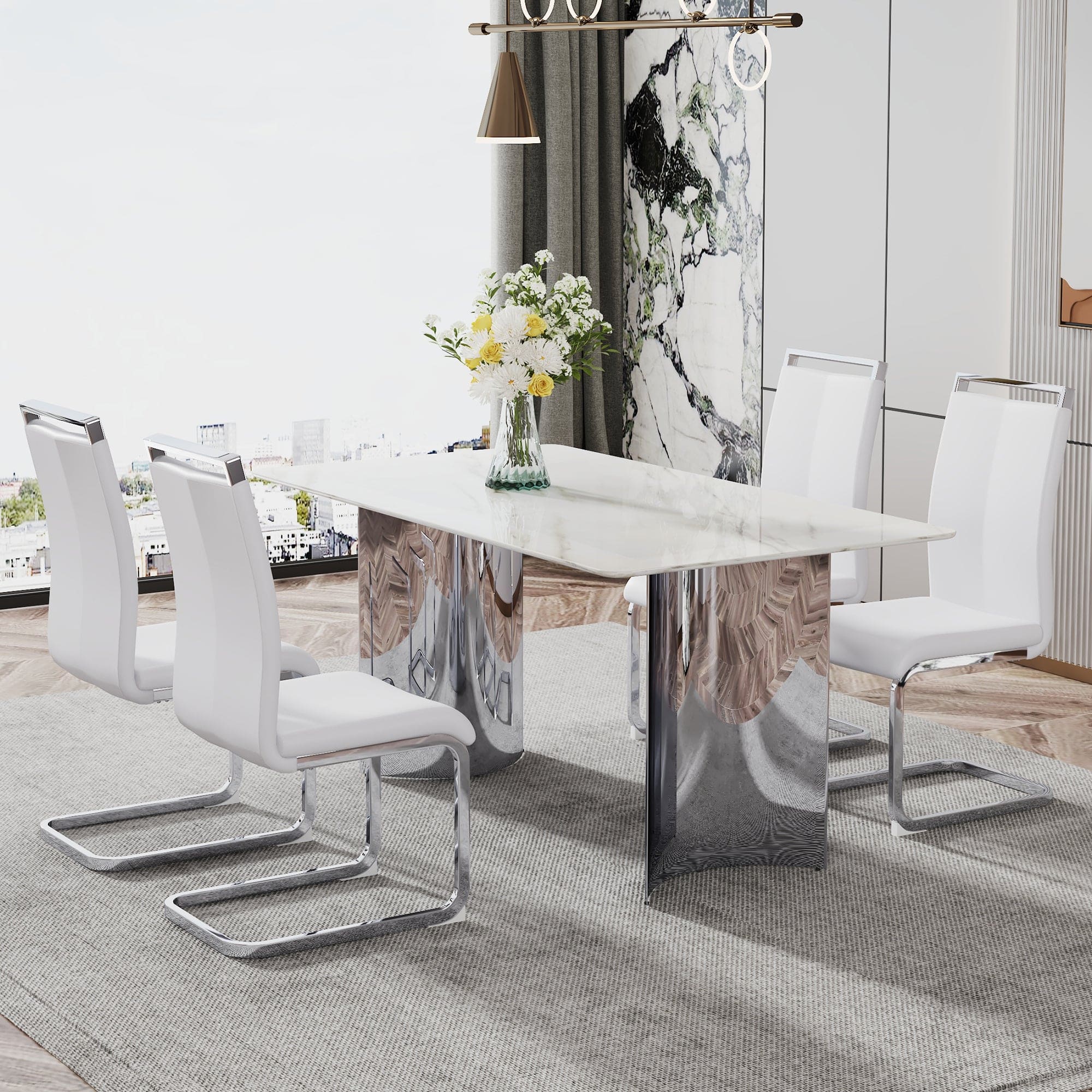 Modern minimalist dining table. White imitation marble glass sticker desktop, stainless steel legs, stable and beautiful. Suitable for living room and dining room  63" *35.4" *29.5"   DT-69