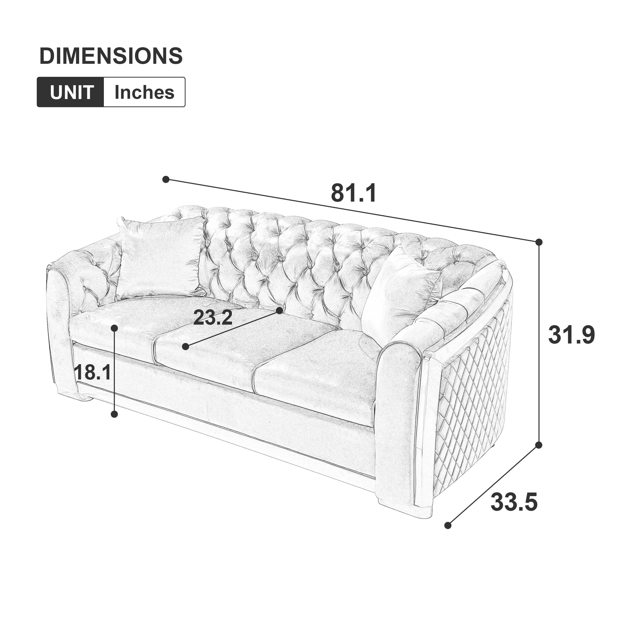 Velvet Luxury Chesterfield Sofa Set, 84 Inches Tufted 3 Seat Couch with Gold Stainless for Living Room, Grey Fabric