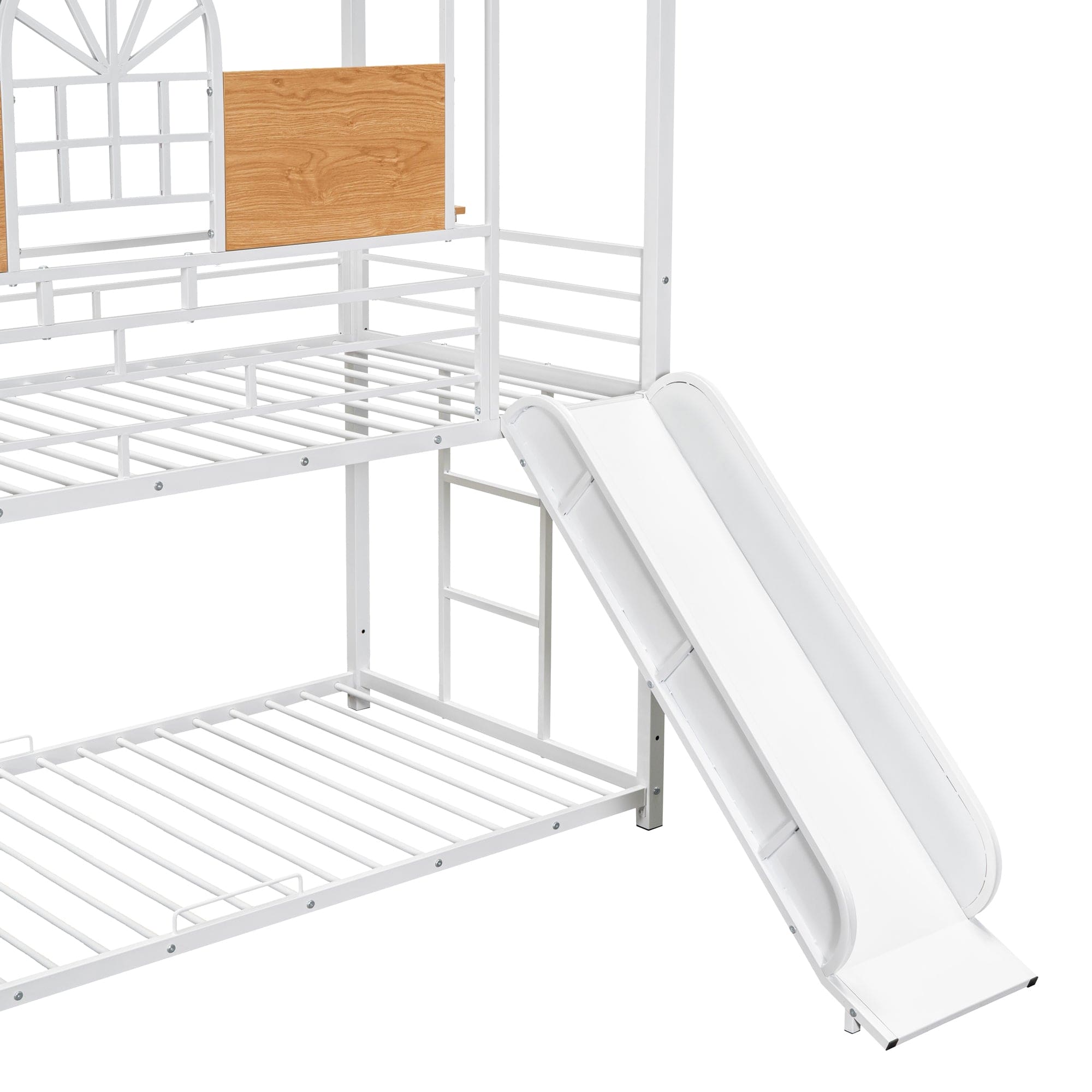 Twin Over Twin Metal Bunk Bed, Metal Housebed with Slide and Storage Stair, White with White Slide