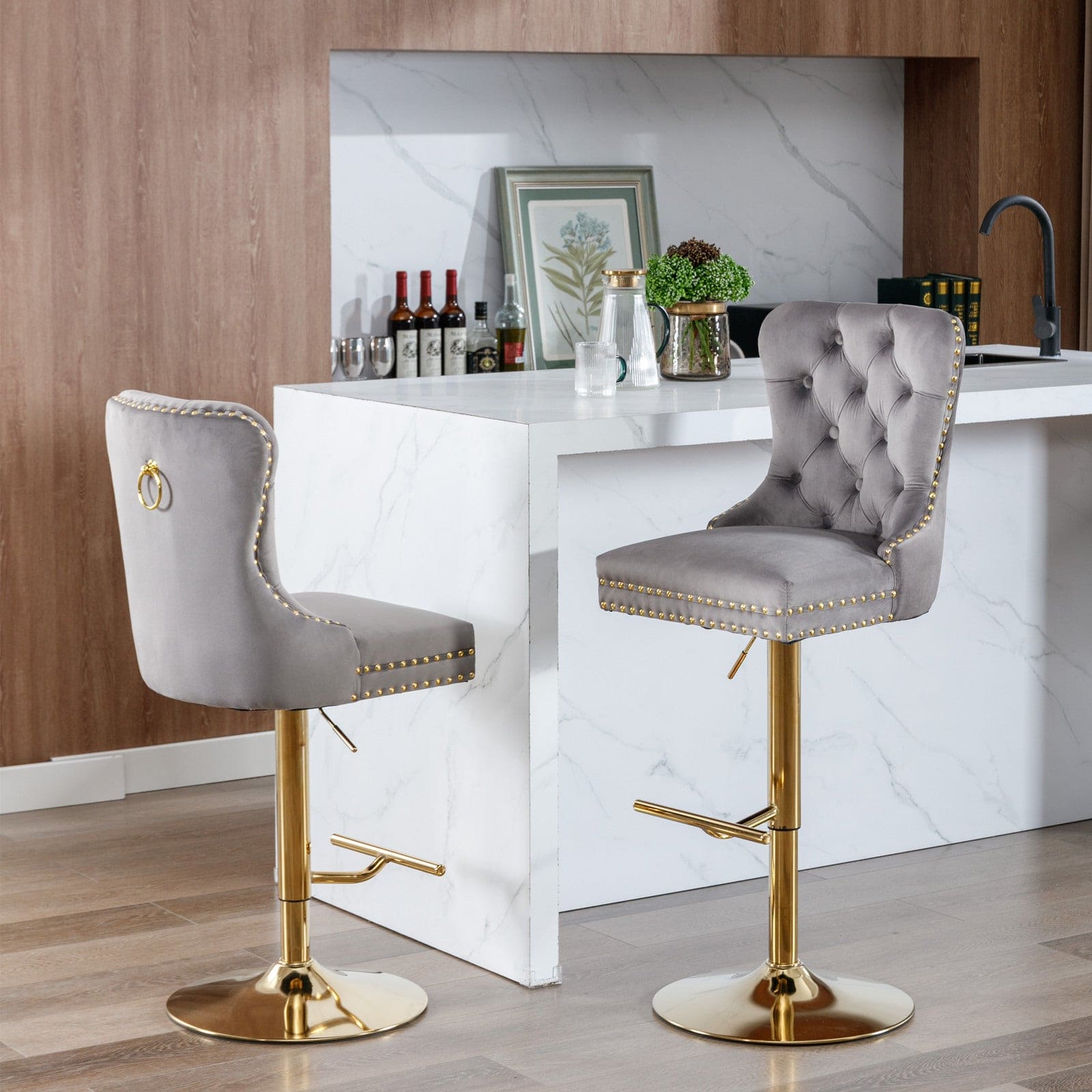 A&A Furniture,Thick Golden Swivel Velvet Barstools Adjusatble Seat Height from 25-33 Inch, Modern Upholstered Bar Stools with Backs Comfortable Tufted for Home Pub and Kitchen Island (Gray,Set of 2)