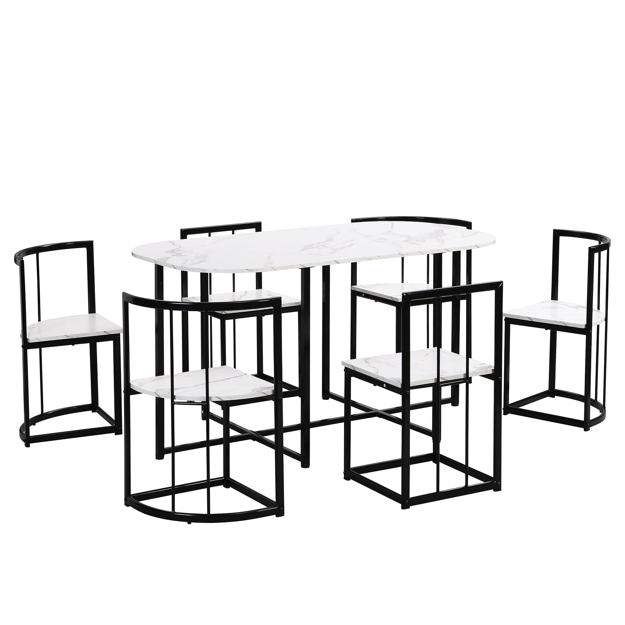 TOPMAX Modern 7-Piece Dining Table Set with Faux Marble Compact 55Inch Kitchen Table Set for 6, Black+White