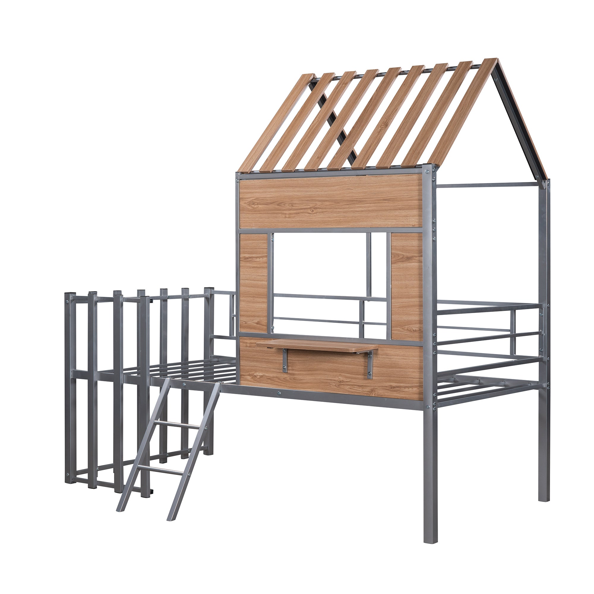 Metal Twin size Loft Bed with Roof, Window, Guardrail, Ladder Silver