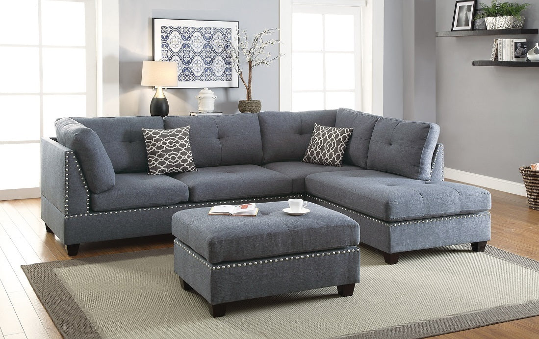 3-pcs Sectional Sofa Blue Grey Polyfiber Cushion Sofa Chaise Ottoman Reversible Couch Pillows