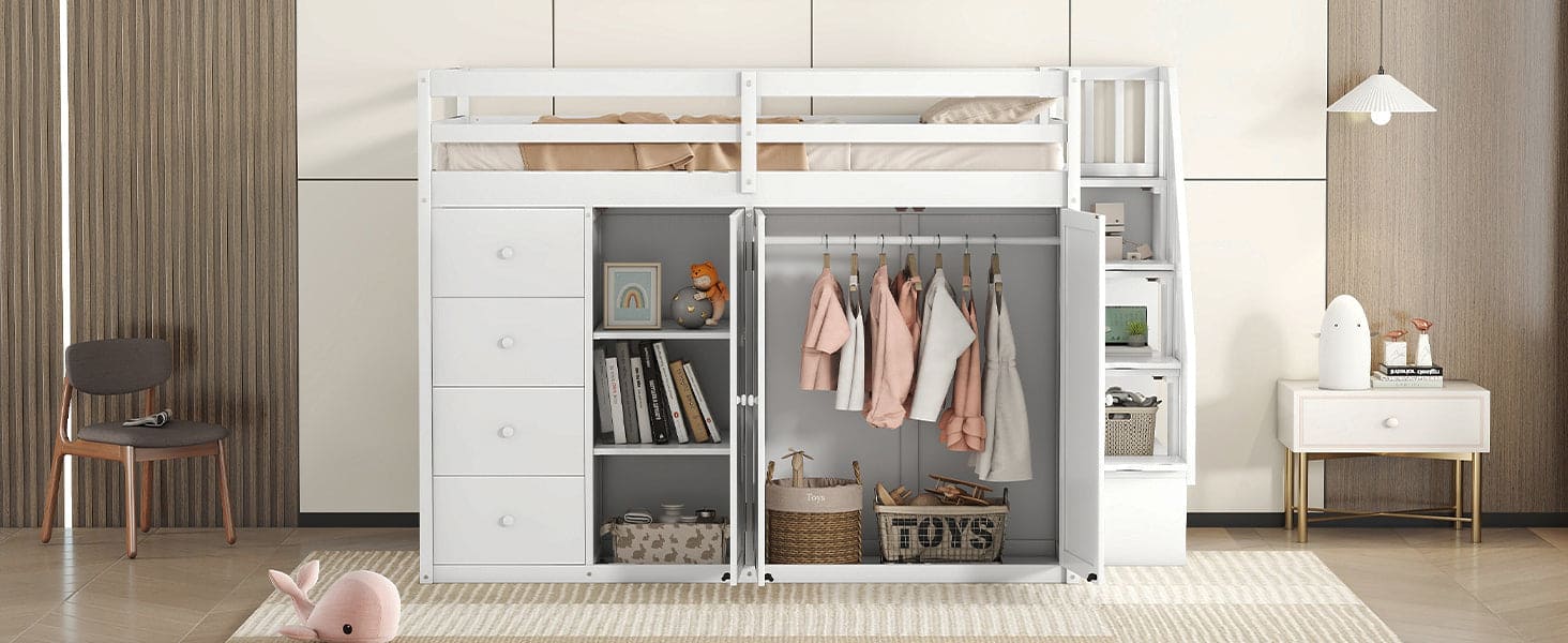 Full Size Wood Loft Bed With Built-in Wardrobes, Cabinets and Drawers, White