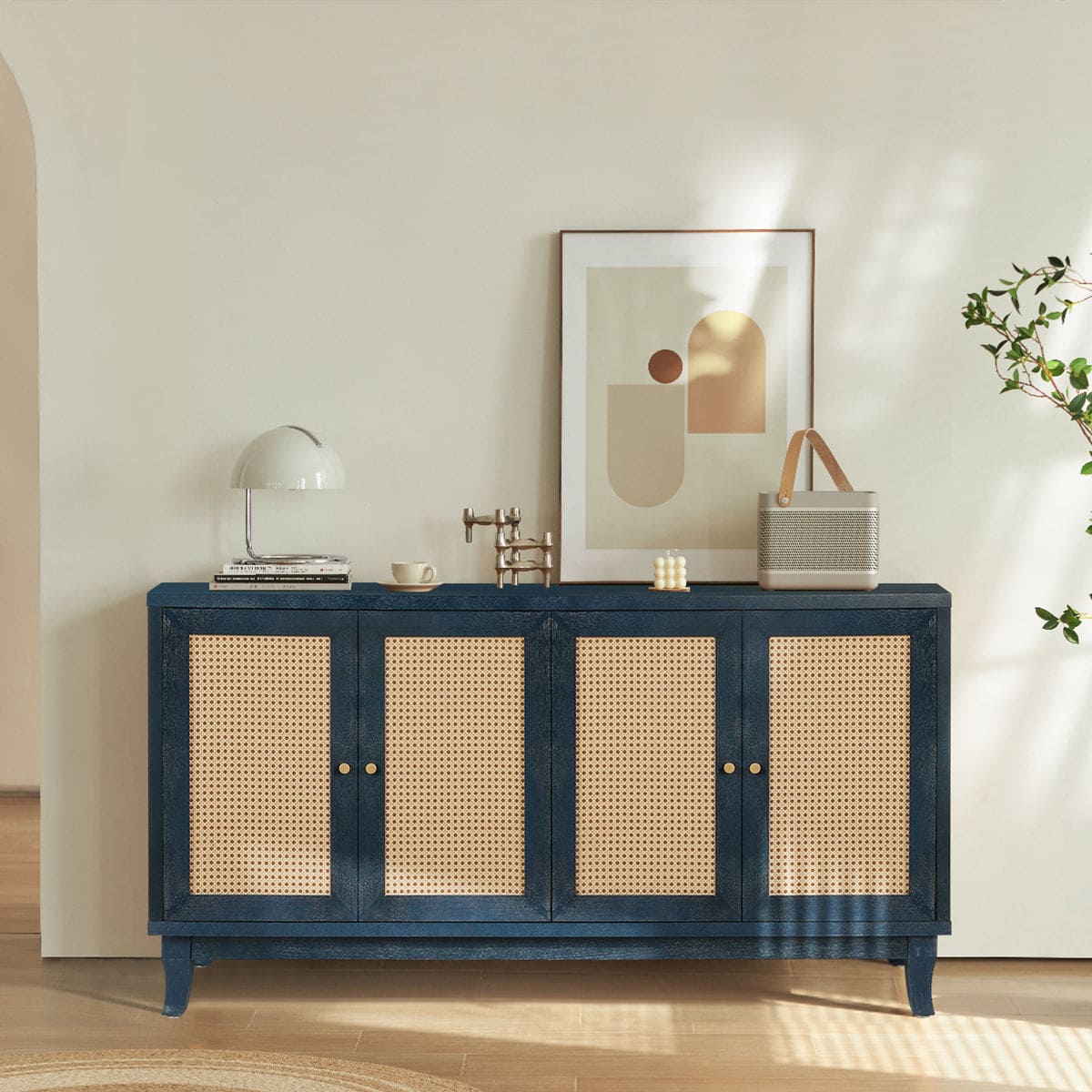 Handcrafted Premium Grain Panels,Rattan Sideboard Buffer Cabinet,Accent Storage Cabinet With 4 Rattan Doors, Modern Storage Cupboard Console Table with Adjustable Shelves for Living Room ,BLUE