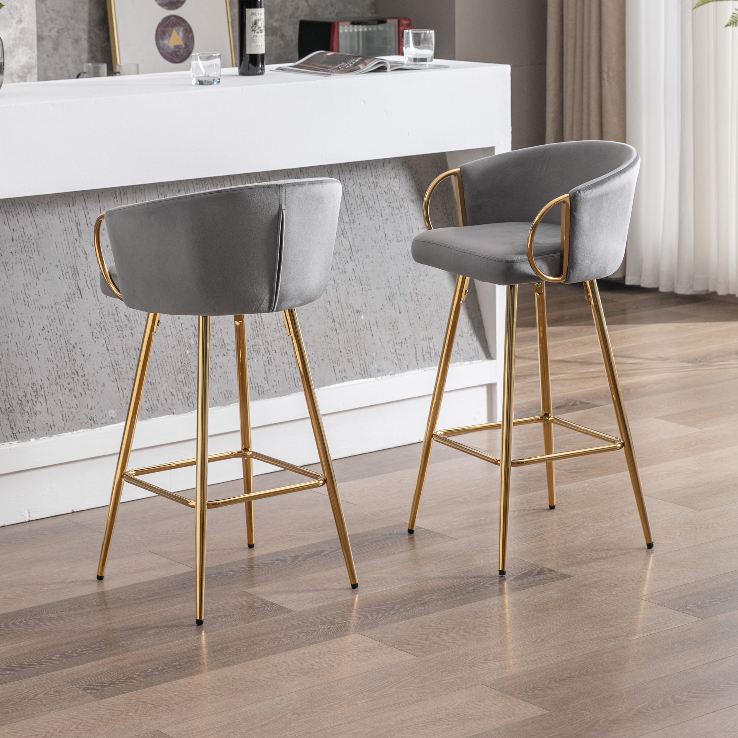 26 Inch Set of 2 Bar Stools,with Chrome Footrest and Base Velvet + Golden Leg Simple Bar Stool,GRAY