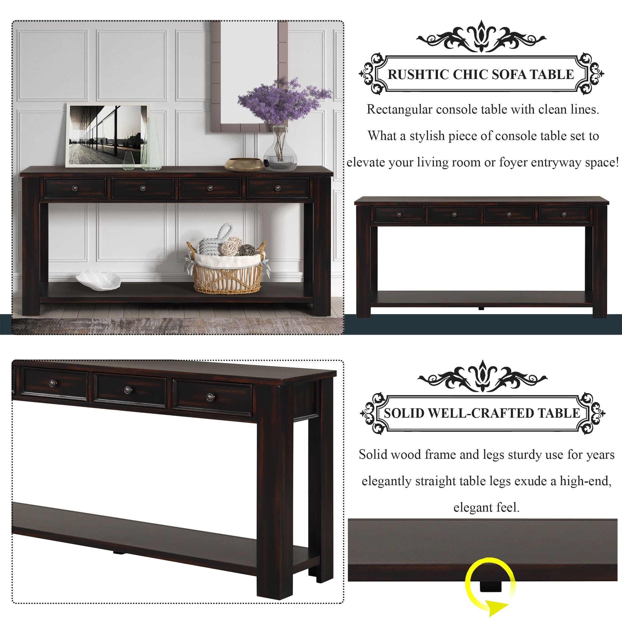 63" Pine Wood Console Table with 4 Drawers and 1 Bottom Shelf for Entryway Hallway Easy Assembly 63 inch Long Sofa Table (Distressed Black)