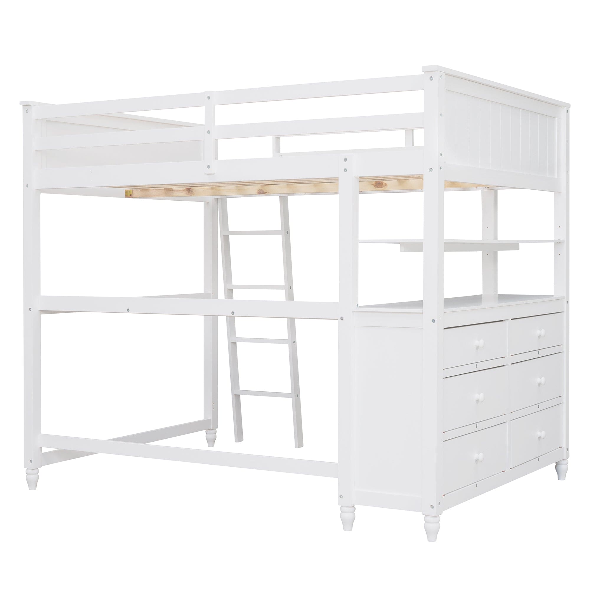 Full size Loft Bed with Drawers and Desk, Wooden Loft Bed with Shelves - White(OLD SKU:LT001529AAK)