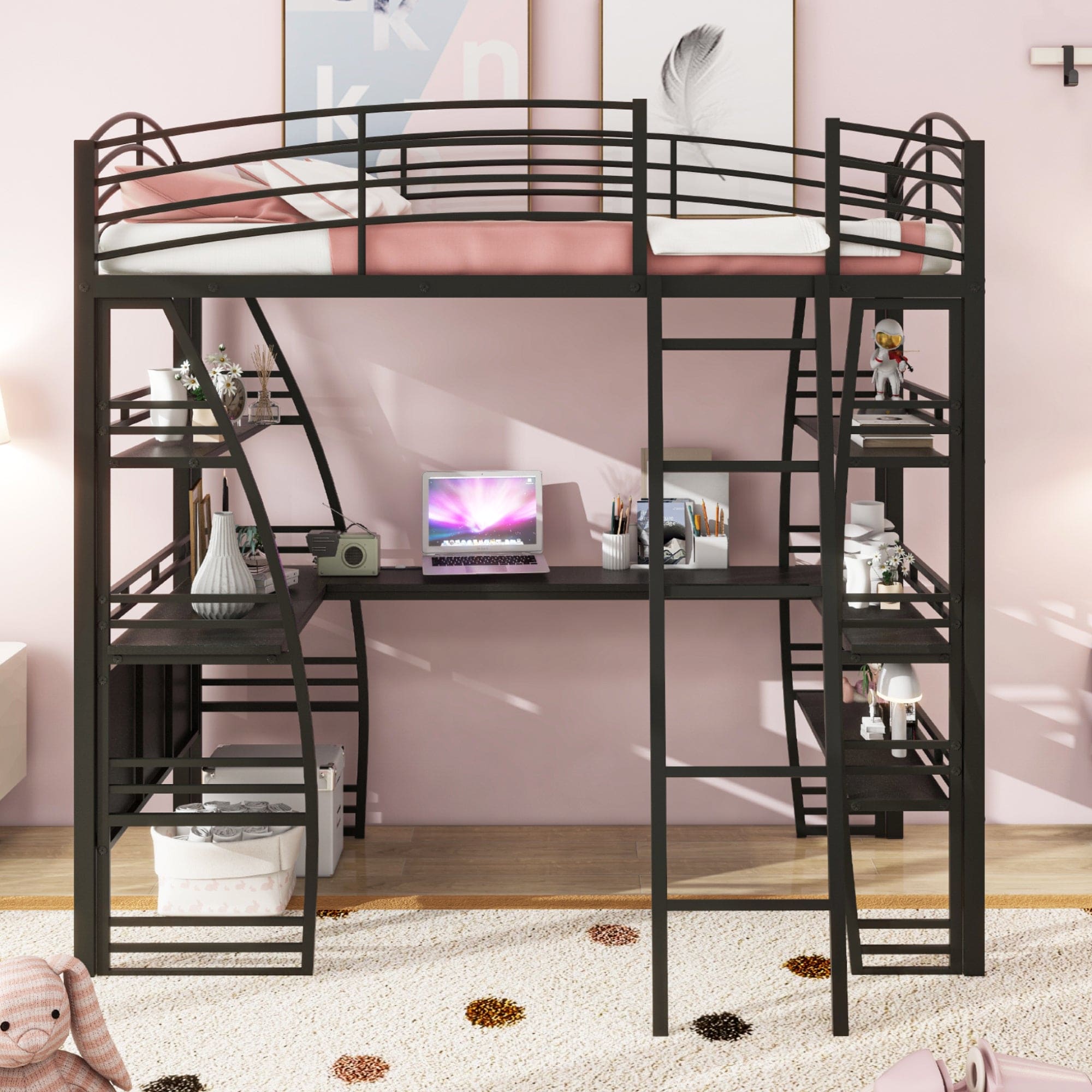 Twin Size Loft Bed with 4 Layers of Shelves and L-shaped Desk, Stylish Metal Frame Bed with a set of Sockets, USB Ports and Wireless Charging, Black