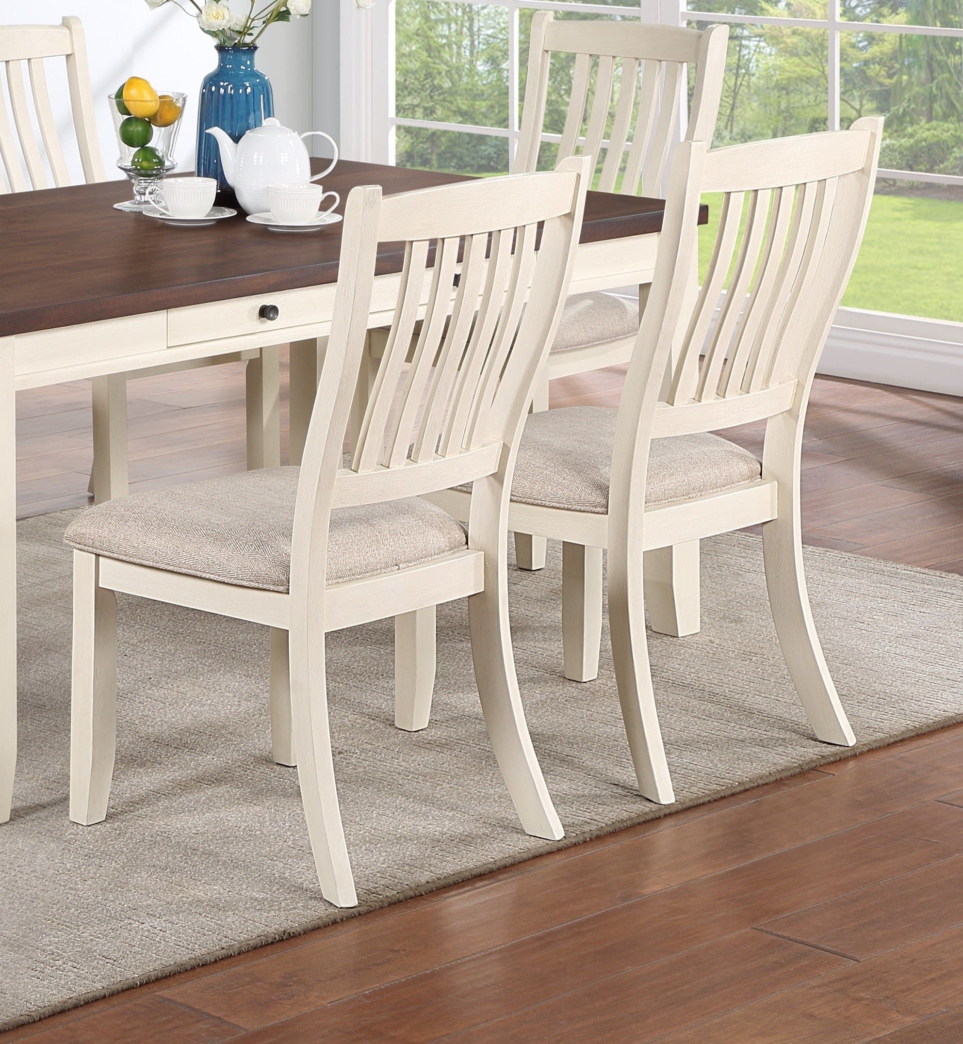 White Classic 2pcs Dining Chairs Set Rubberwood Beige Fabric Cushion Seats Slats Backs Dining Room Furniture Side Chair