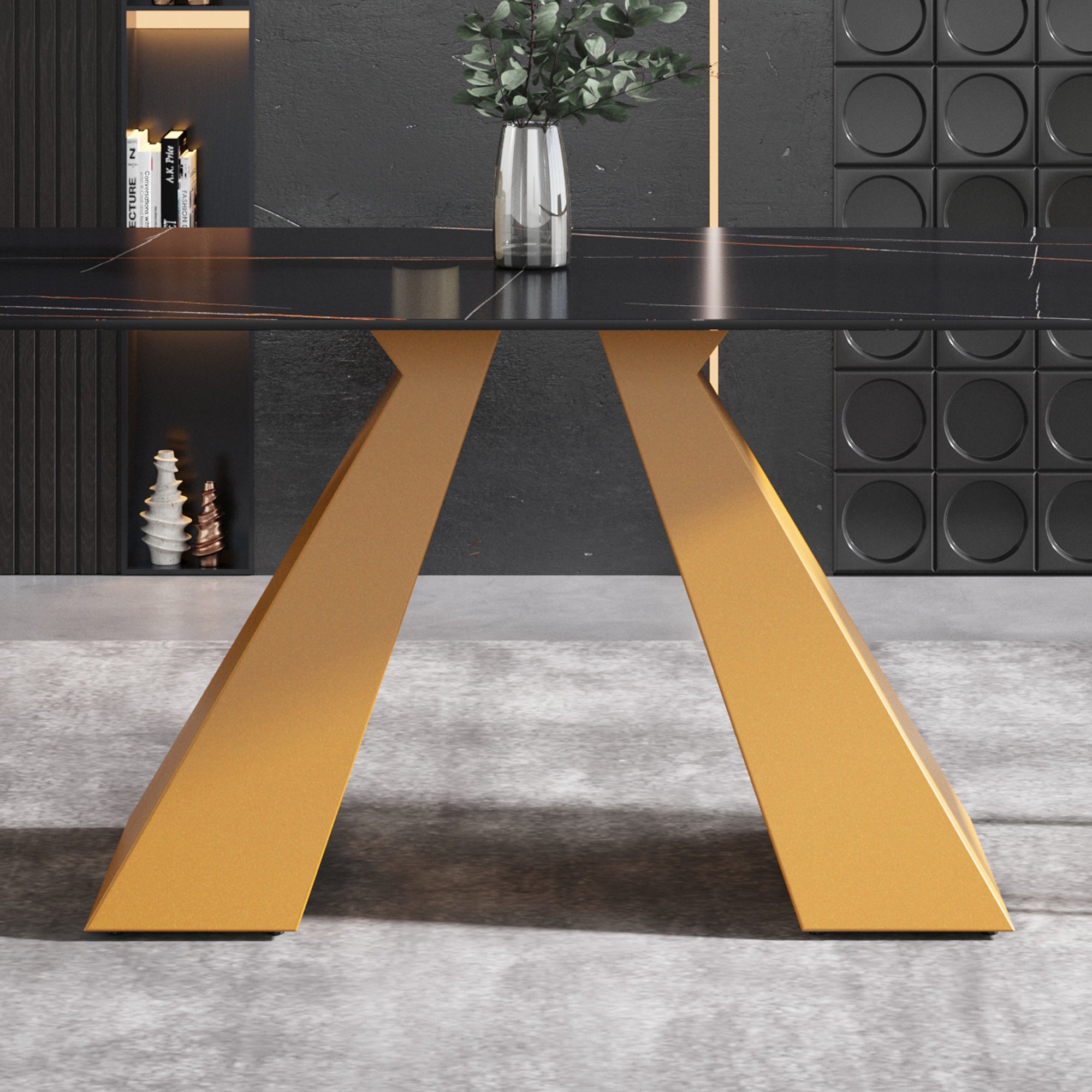 63"Modern artificial stone black straight edge golden metal leg dining table -6 people