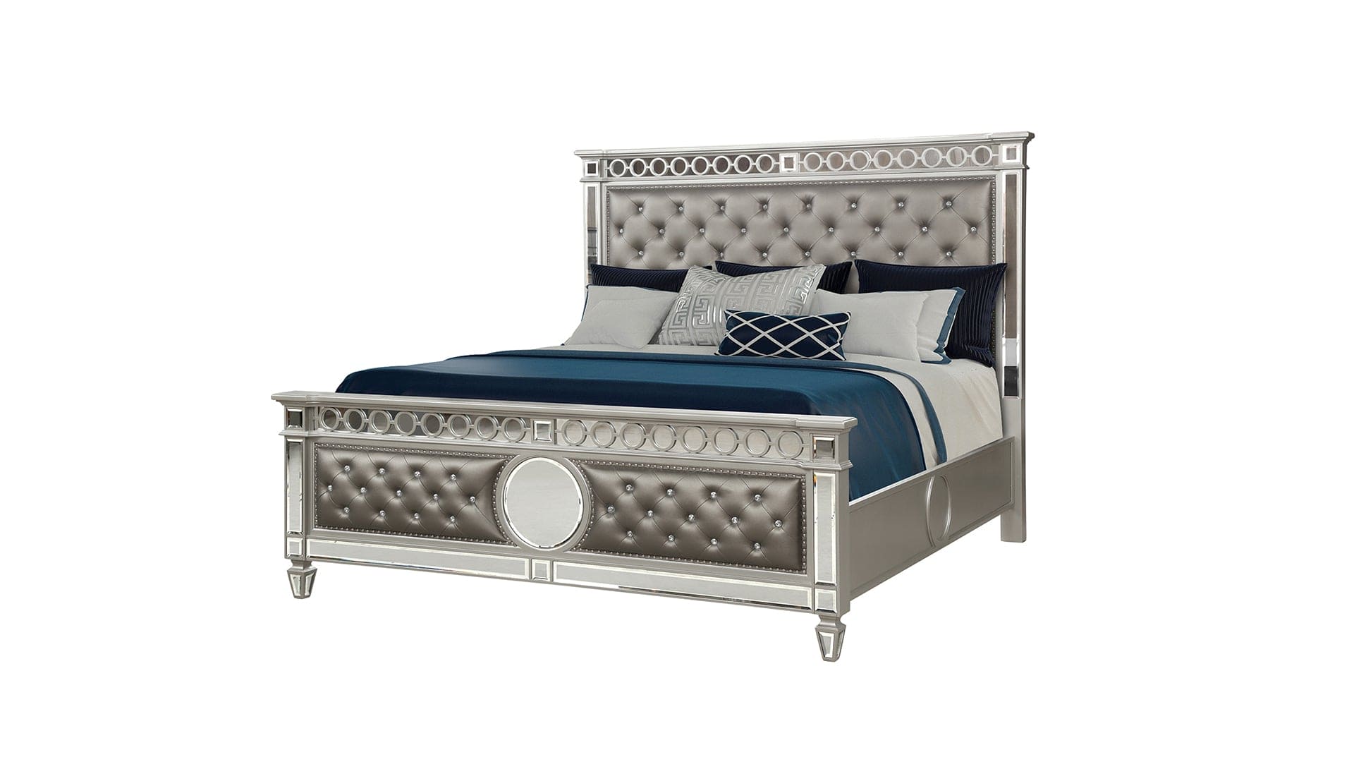 Symphony Modern Style Ringed & Mirror Front Crystal Tufted Upholstery King Bed Made with Wood & Diamond shaped legs in Silver