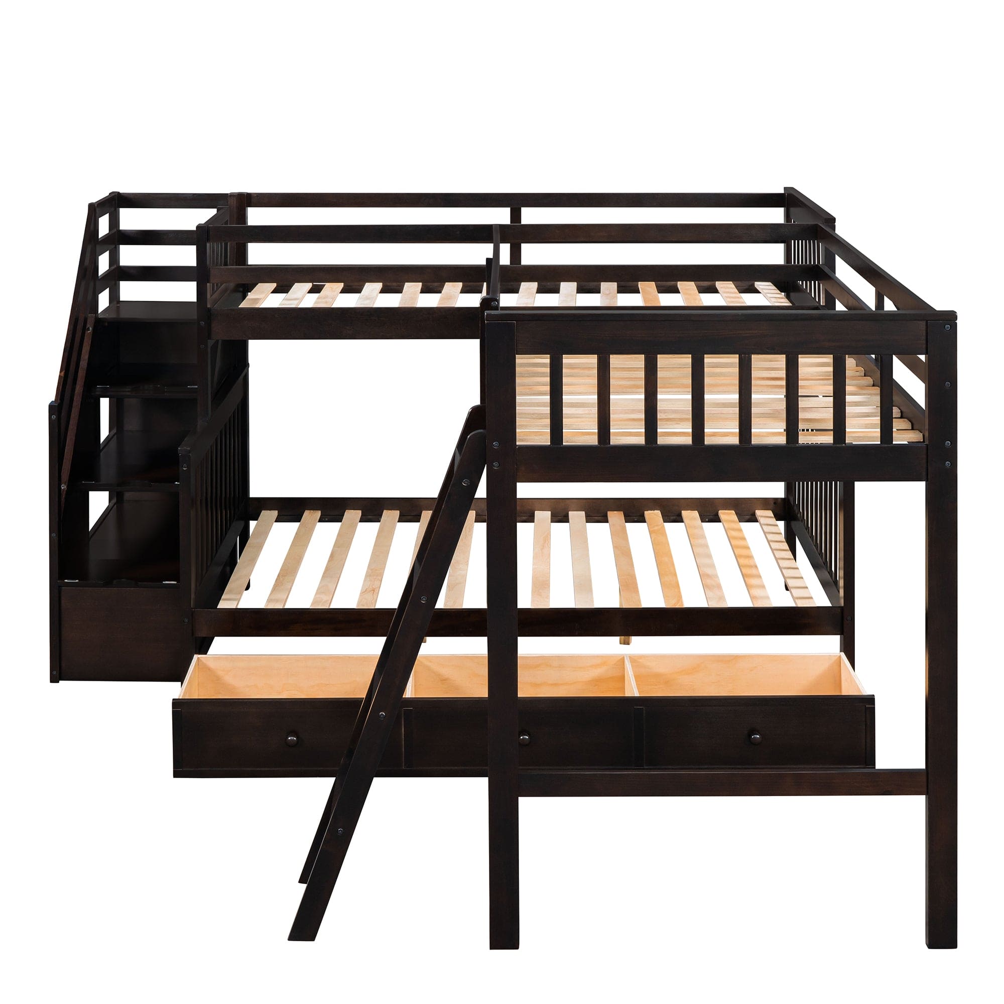 Twin over Full L-Shaped Bunk Bed With 3 Drawers, Ladder and Staircase - Espresso