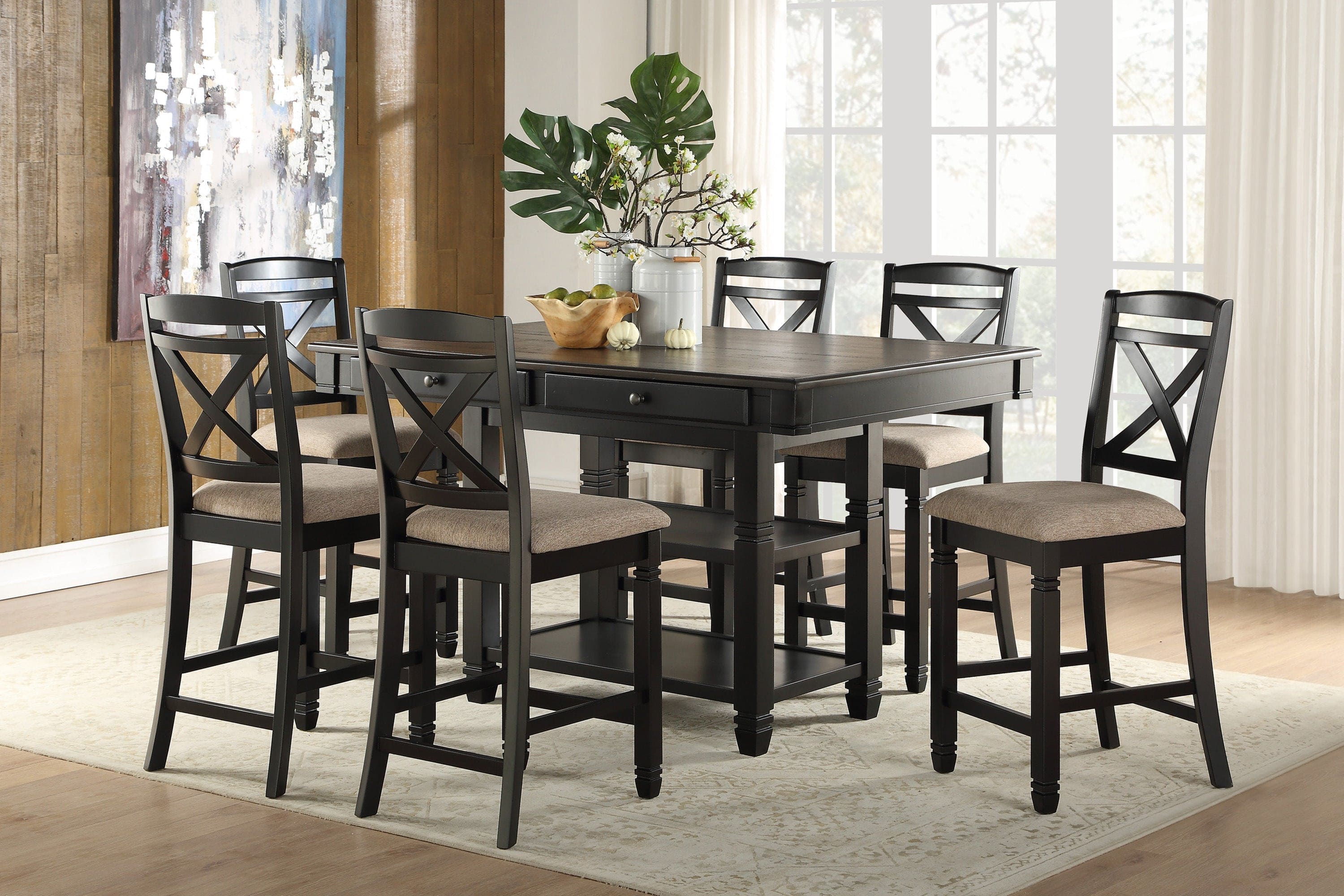 Transitional Style Dining Counter Height Chairs Set of 2pc Black Finish Wood Beige Fabric Seat Dining Room Furniture