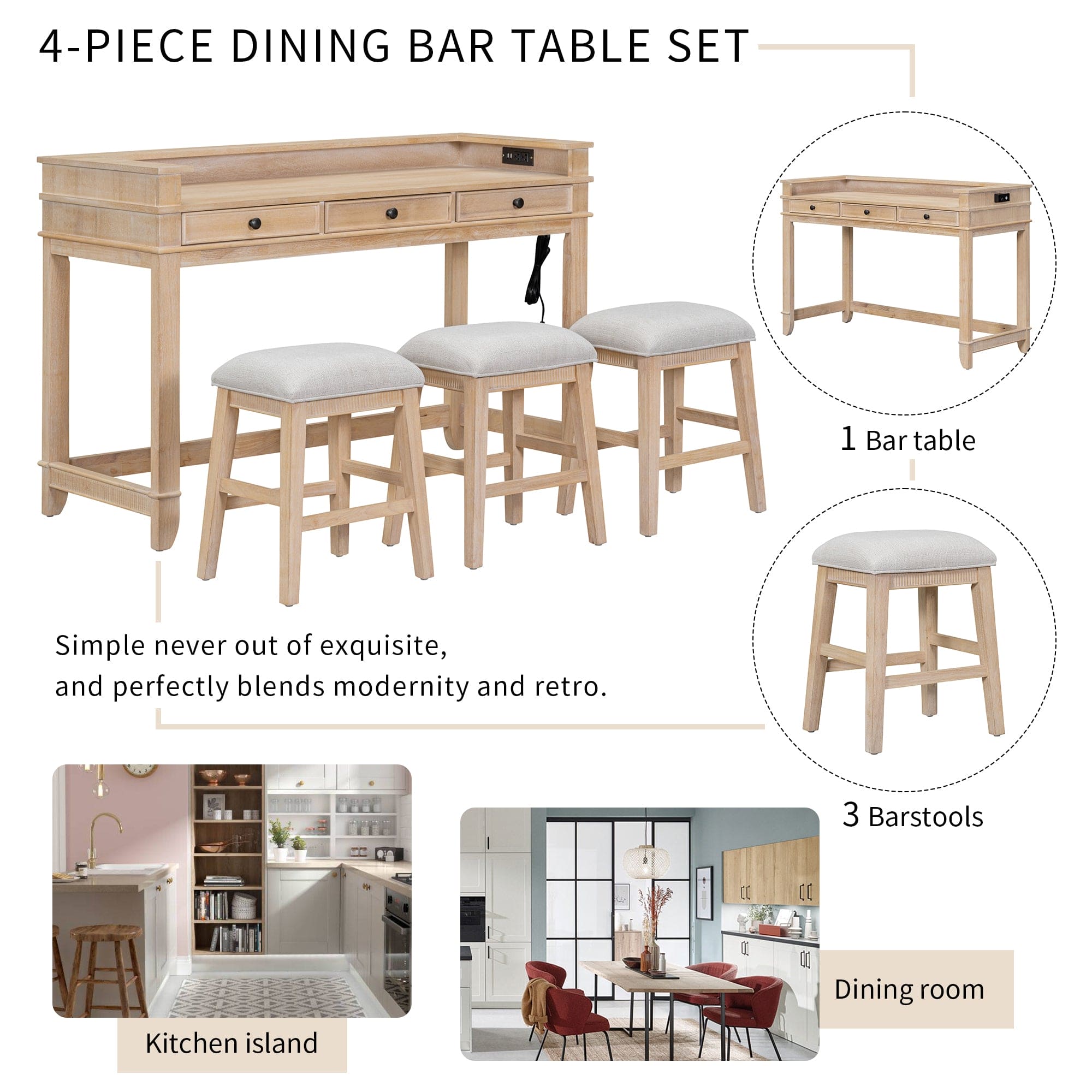 TXREM 4-piece Dining Bar Table Set with 3 Upholstered Stools, Multifunctional Dining Table with 3 Drawers (Natural Wood Wash)