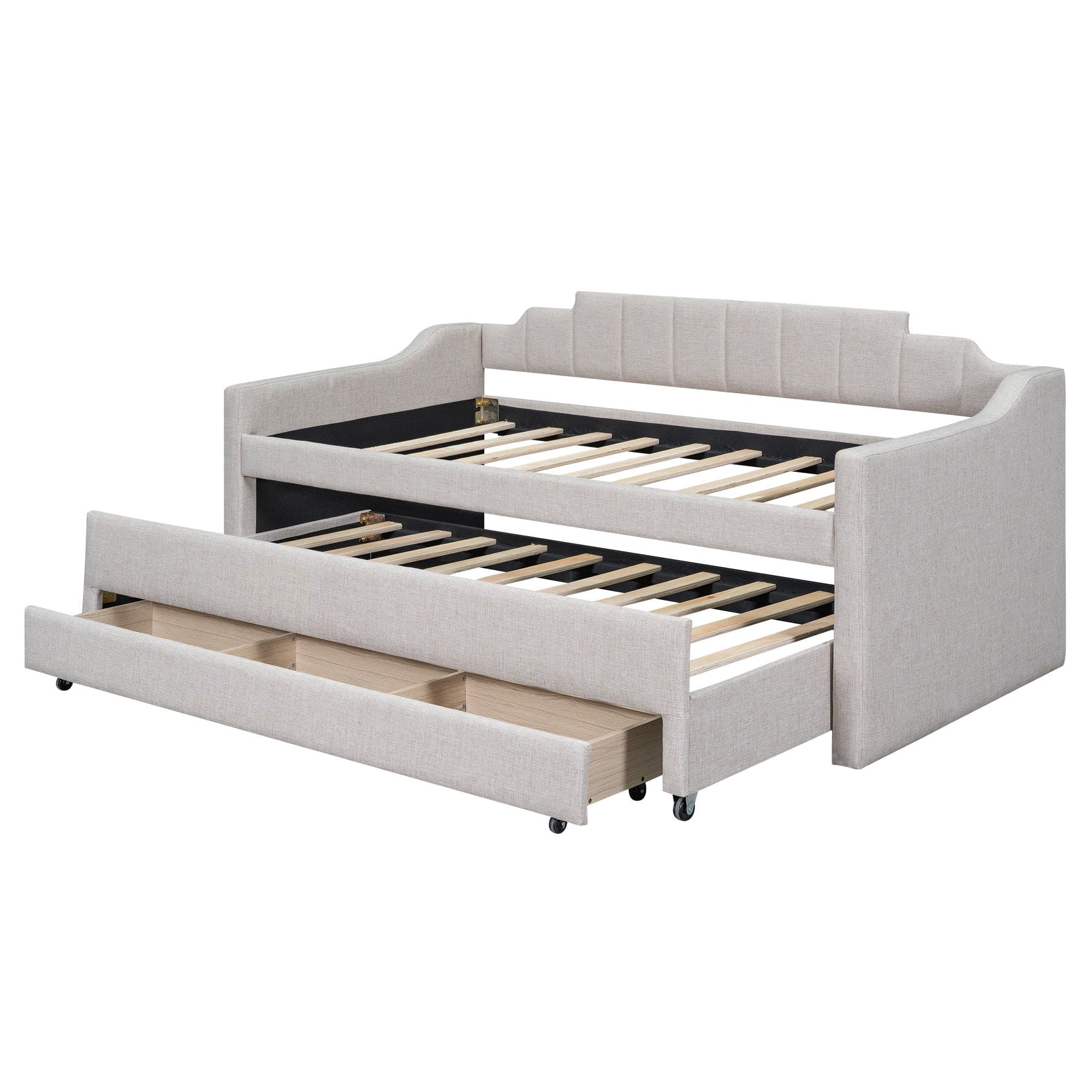 Twin Size Upholstered Daybed with Trundle and Three Drawers,Beige