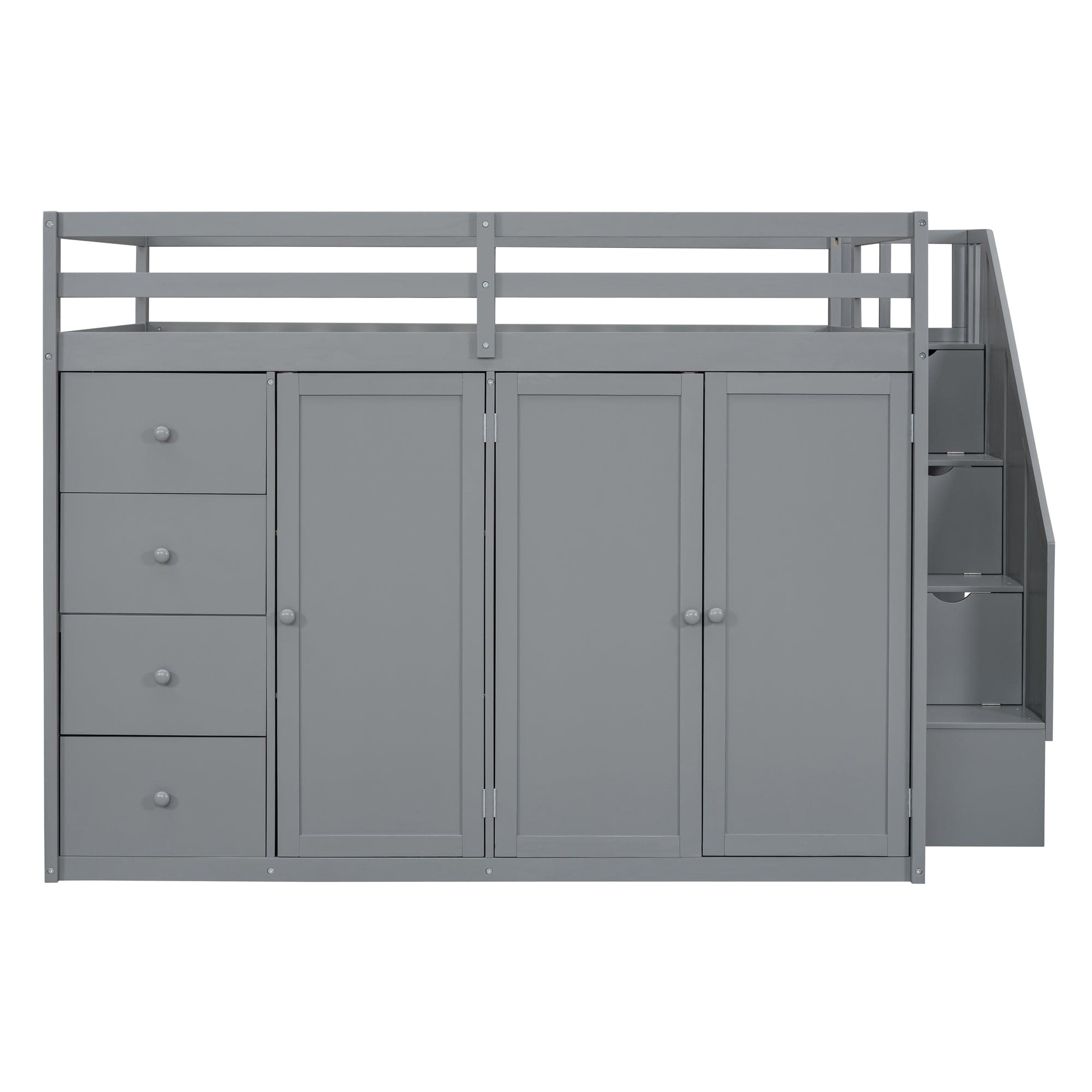 Full Size Wood Loft Bed With Built-in Wardrobes, Cabinets and Drawers, Gray