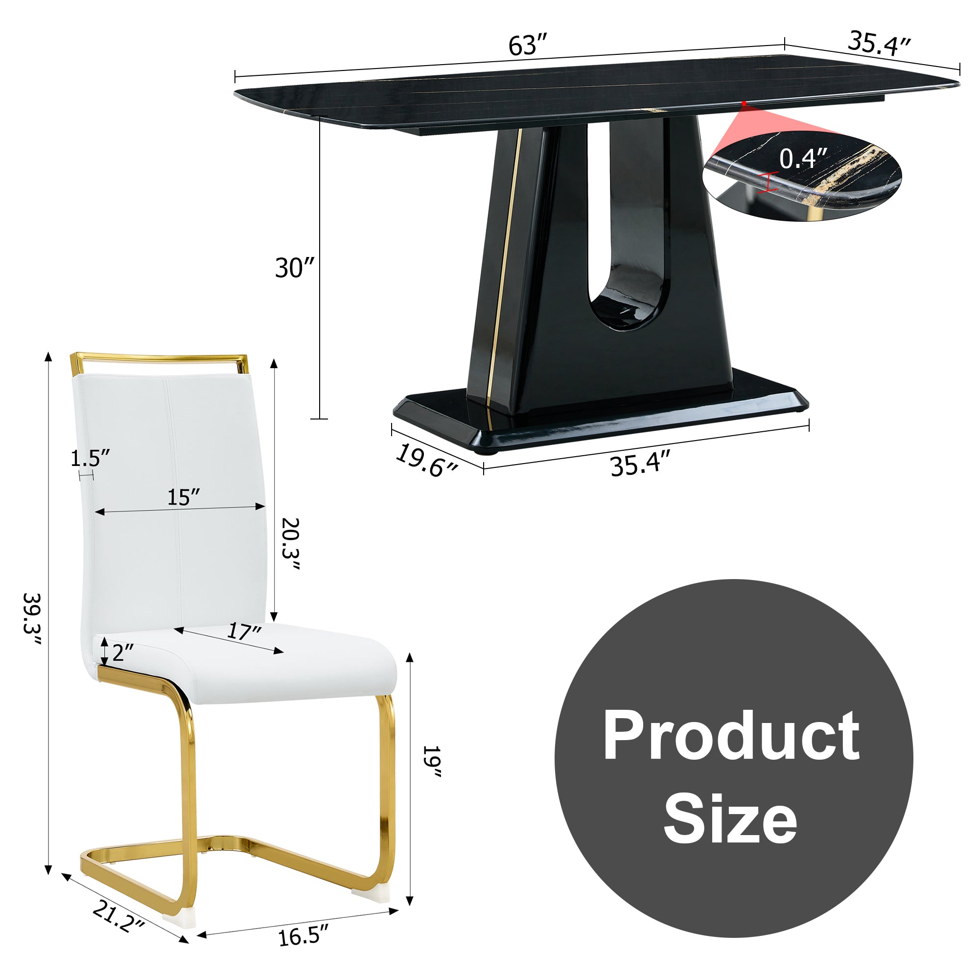 1 table and 6 chairs. Modern, simple and luxurious black imitation marble rectangular dining table and desk with 6 white PU gold plated leg chairs 63'' x 35.4'' X 30''